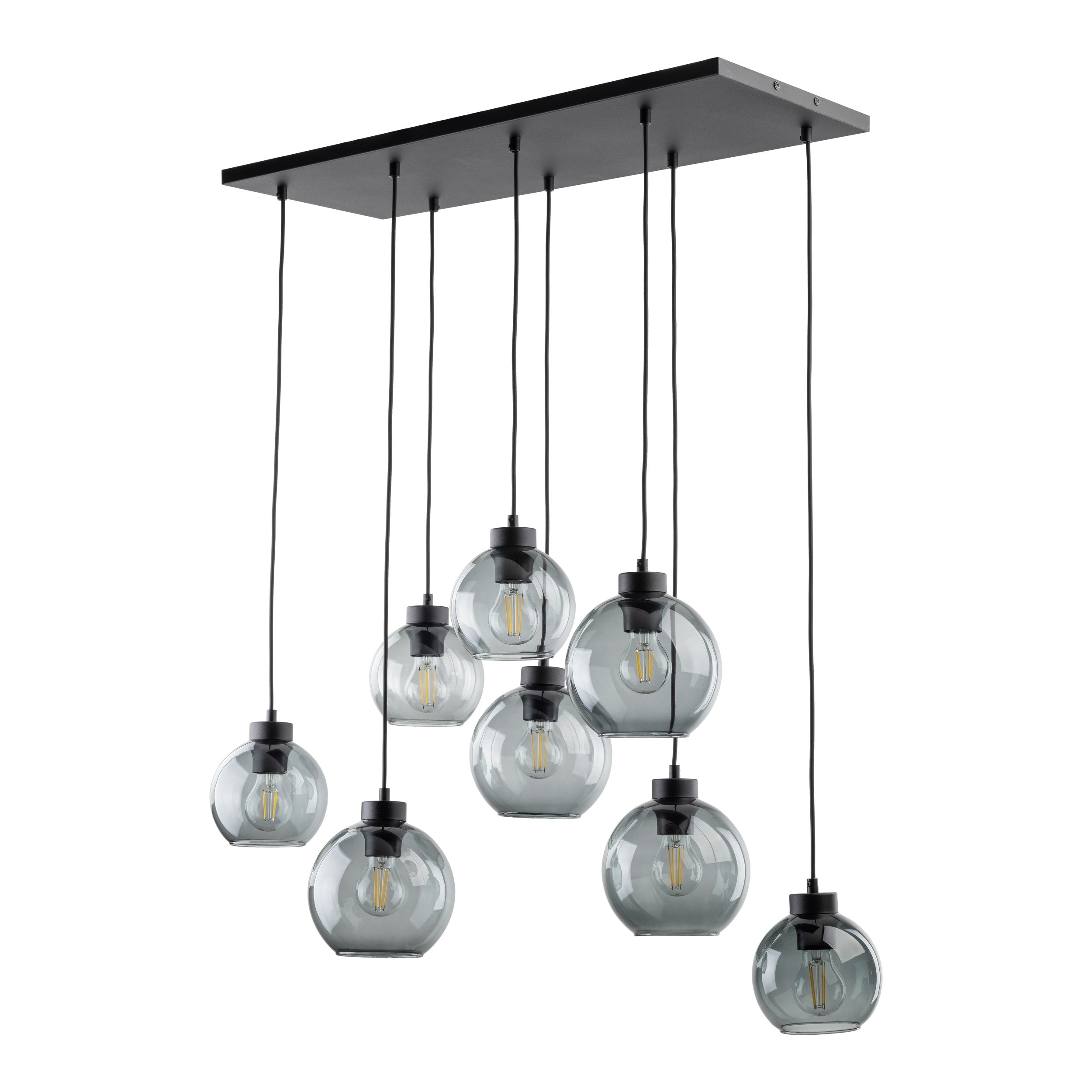 Suspension CUBUS Graphite noire en verre et métal, 8 lampes, design scandinave minimaliste fond blanc