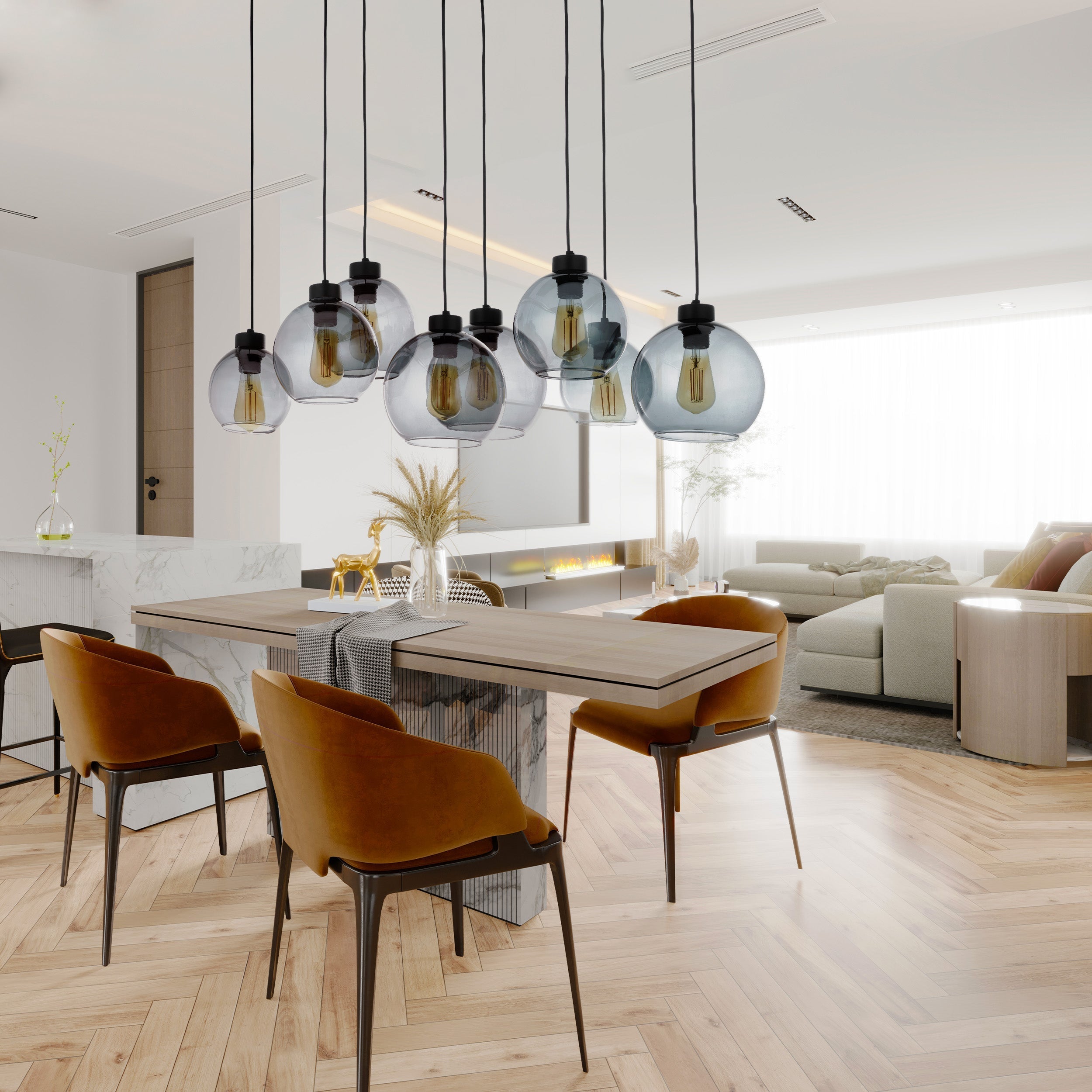 Suspension CUBUS Graphite noire en verre et métal, 8 lampes, design scandinave minimaliste