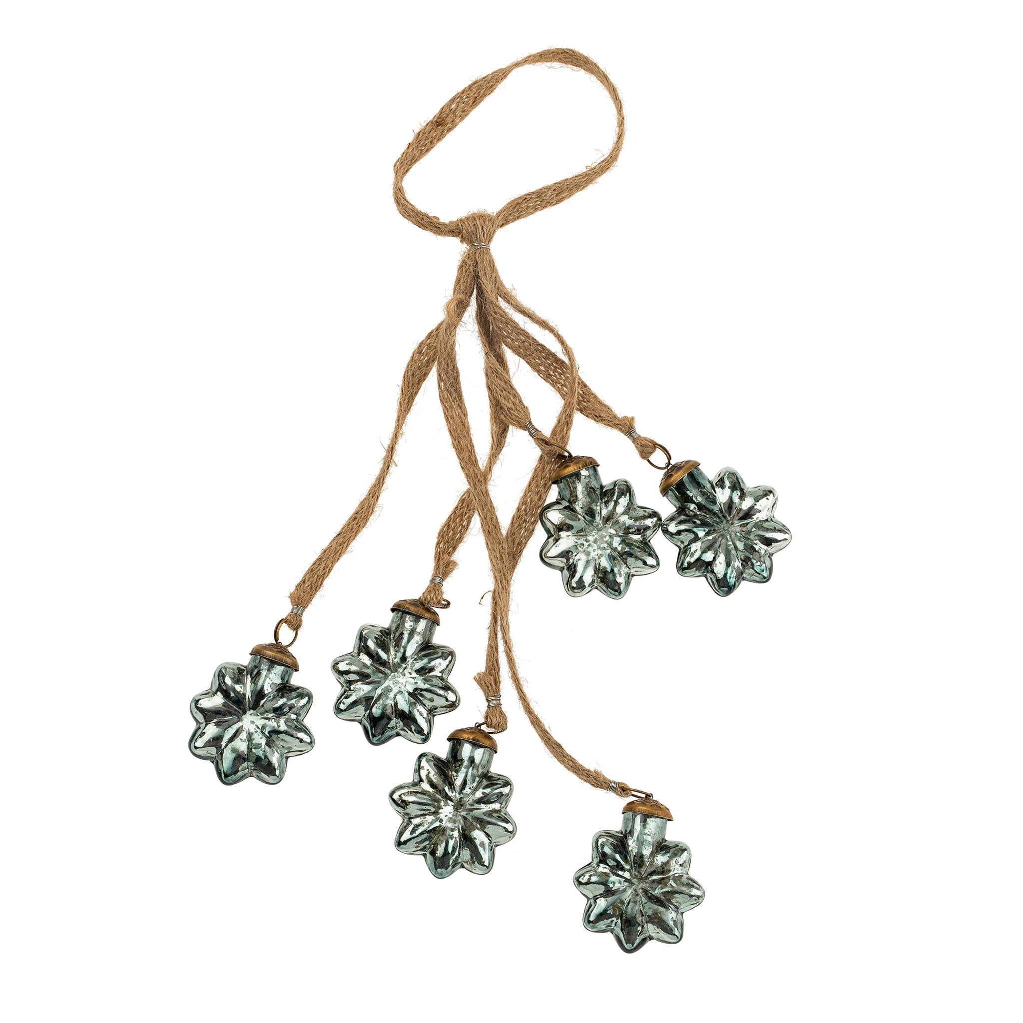 Ornements Flocons Bleu Canard | Ensemble de Six | Façonnés à la Main en Verre Recyclé