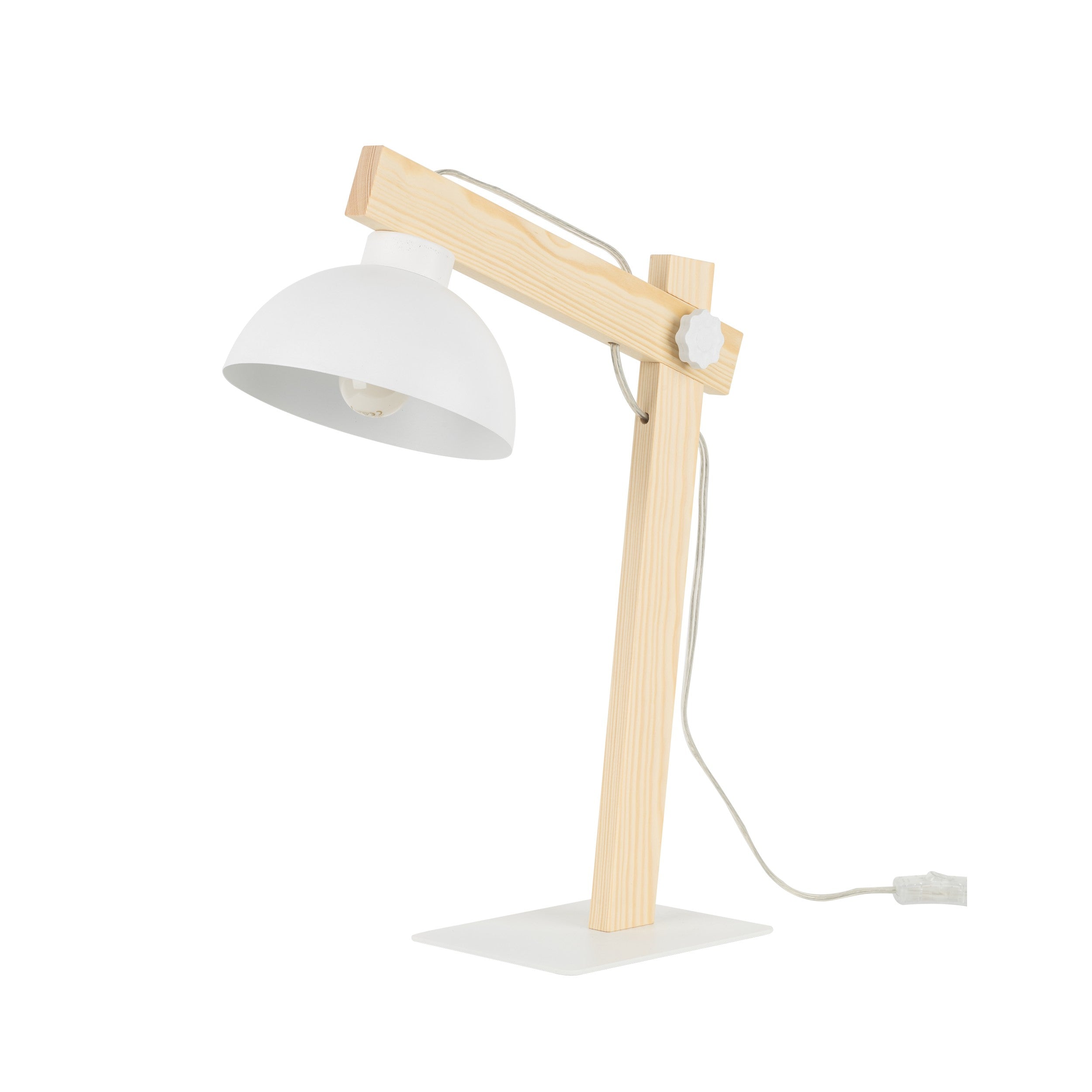 Lampe de table OSLO blanche avec base en bois massif sur un bureau de style scandinave.