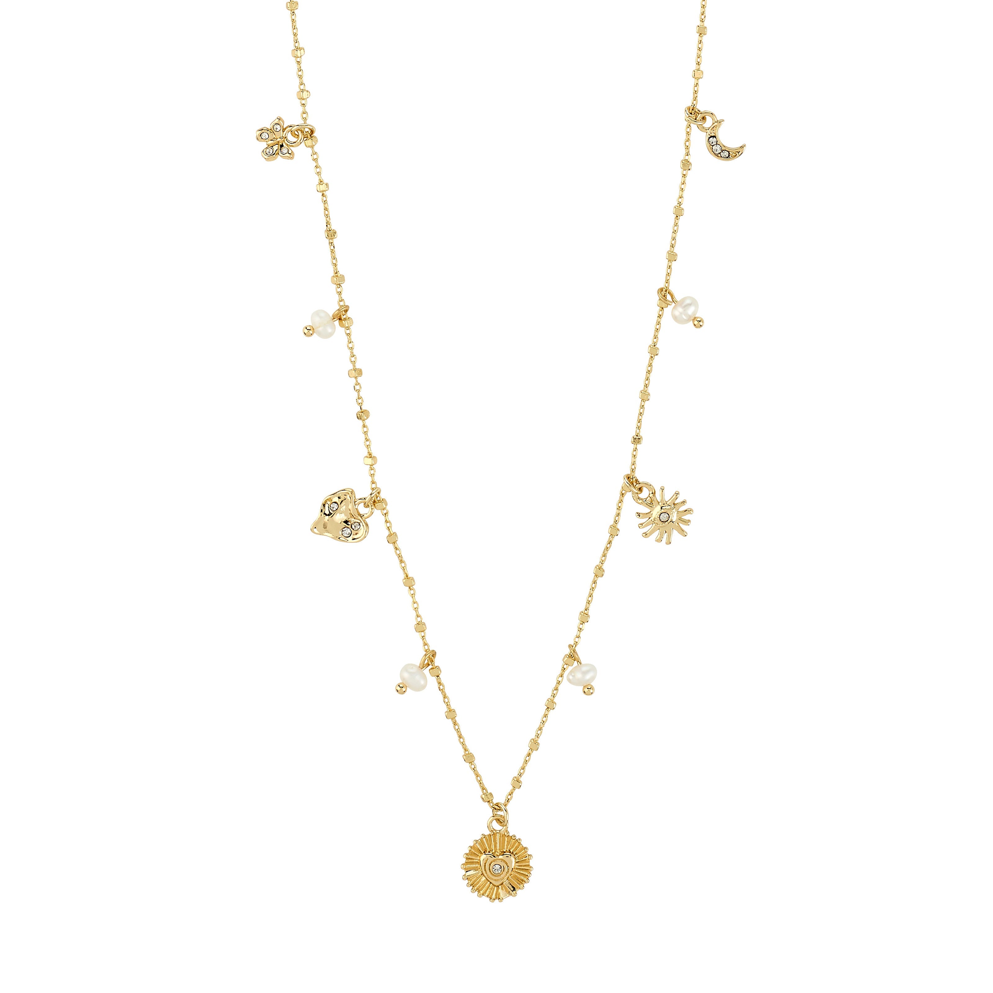 Collier MYLAN Pilgrim avec breloques symboliques soleil, lune et cœur, perles et finition plaquée or ou argent.