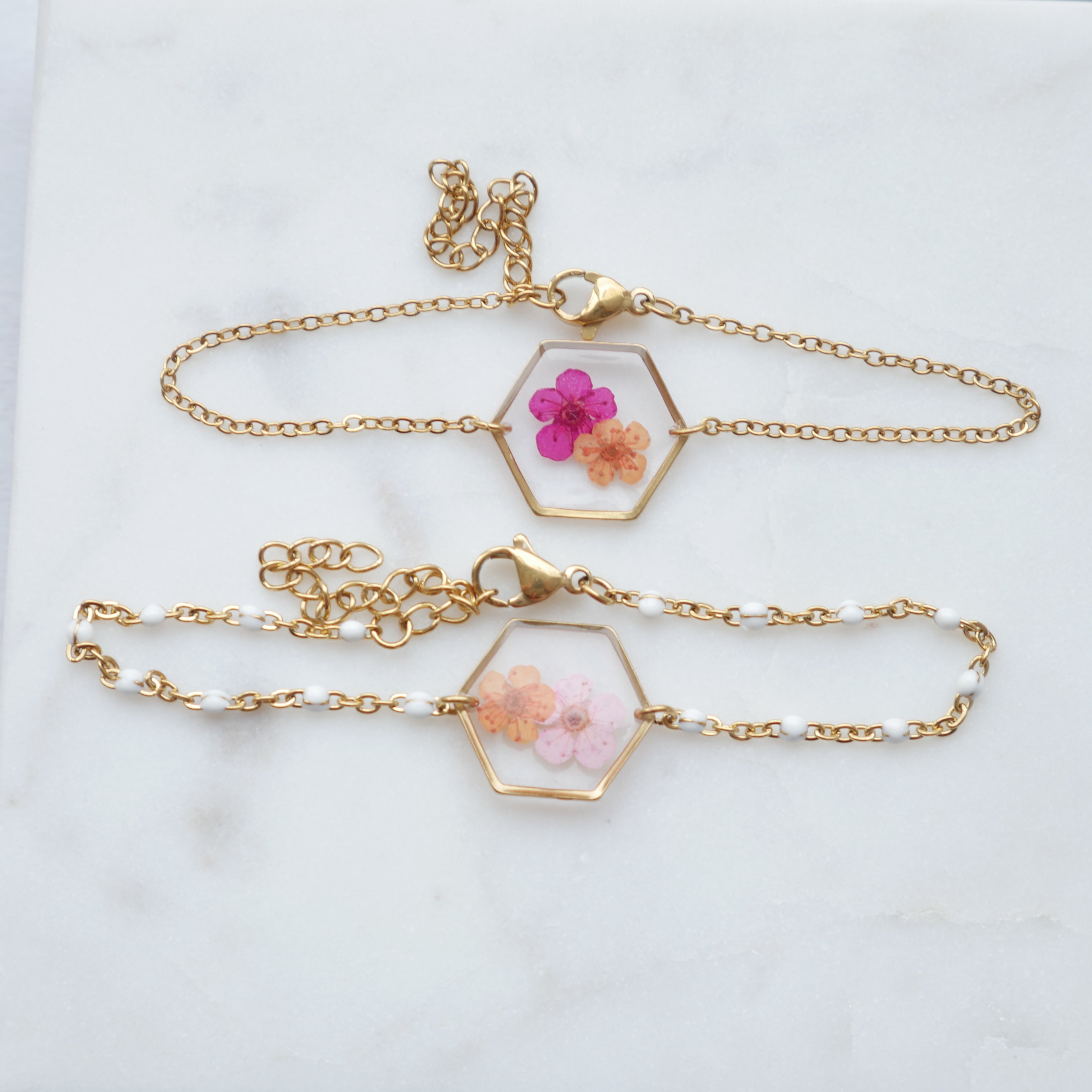 Bracelet duo Sofia édition spéciale | Spirée séchée en résine | Bracelet ajustable