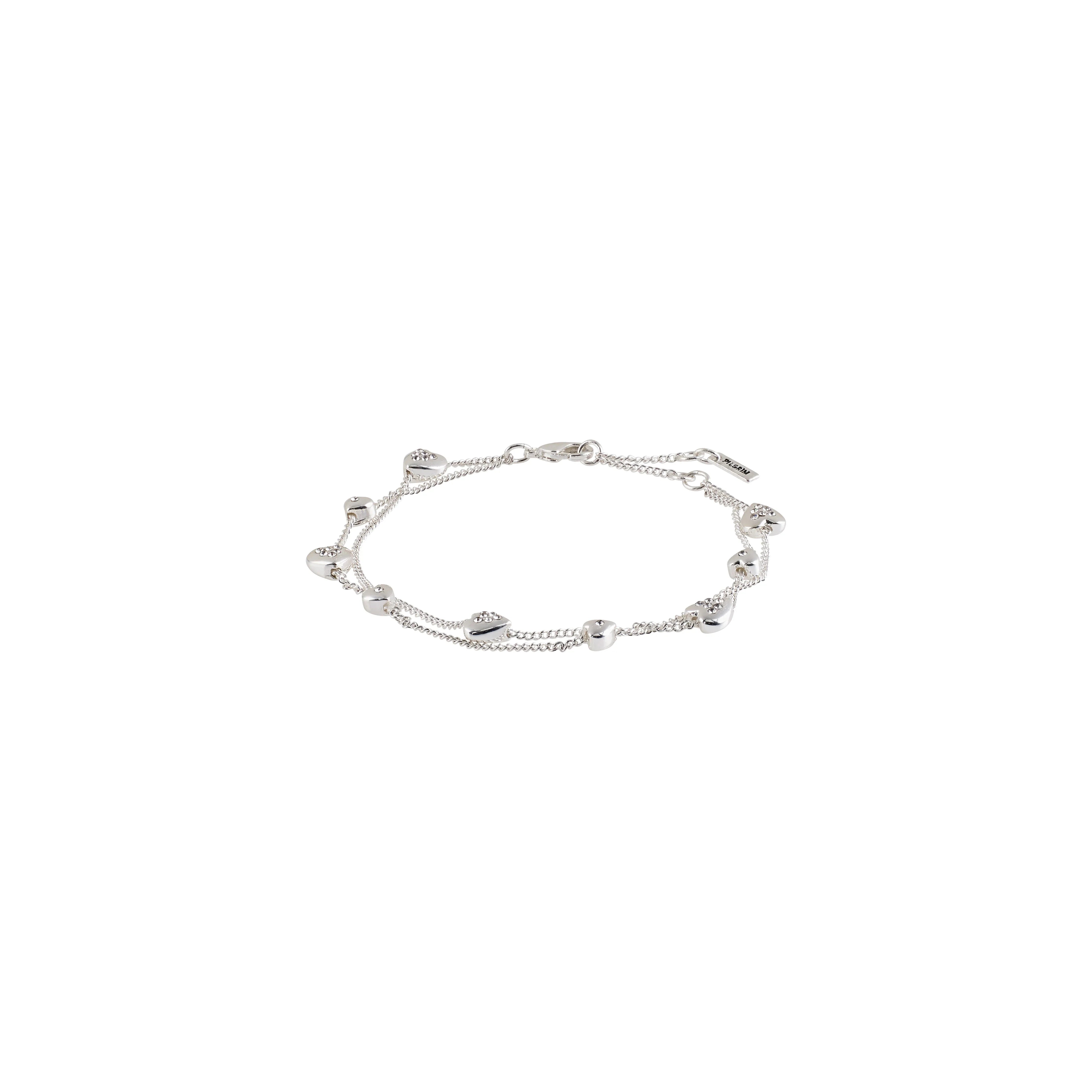 Bracelet VILJA fait à la main avec double chaîne plaquée argent et pendentifs cœurs ornés de cristaux.