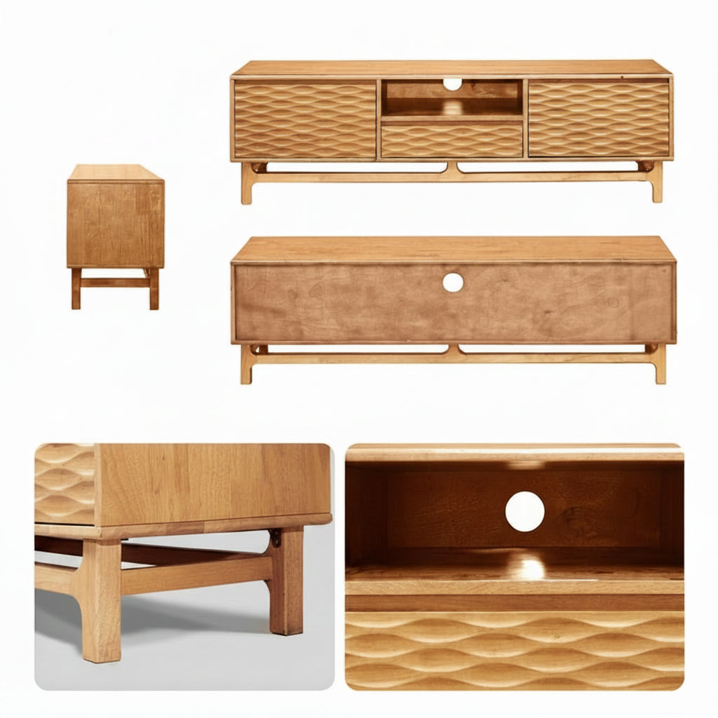 Meuble TV en bois clair, vues de face, côtés et dos avec portes à motif ondulé