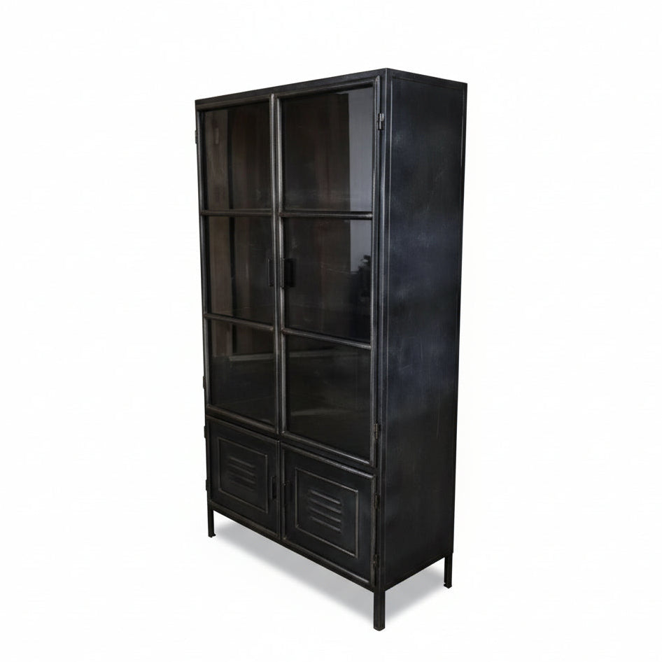 Armoire vintage en acier noir | Portes vitrées & portes style casier