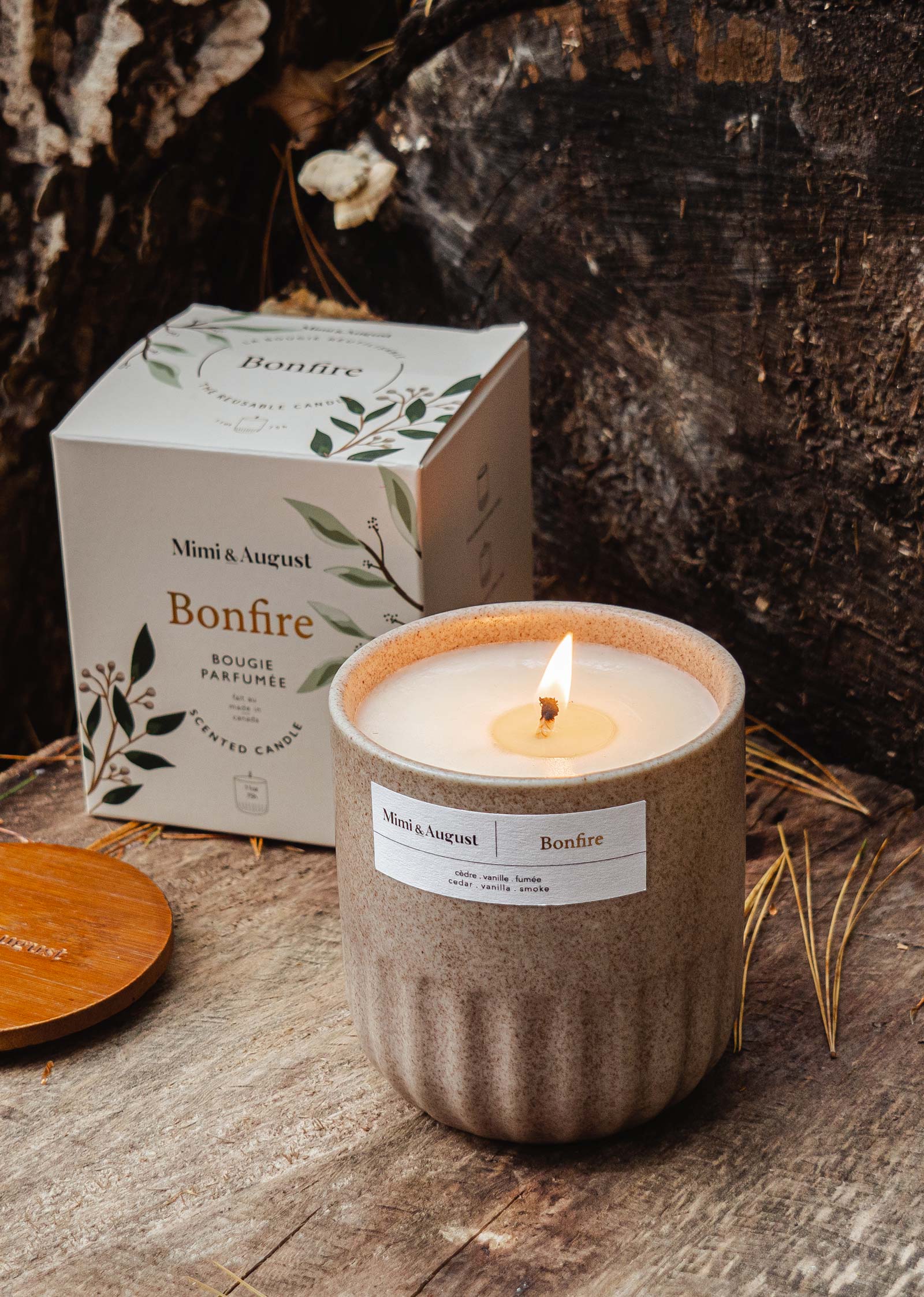 Bougie Bonfire – Cèdre, Vanille & Fumée | Fait Main | Contenant Réutilisable