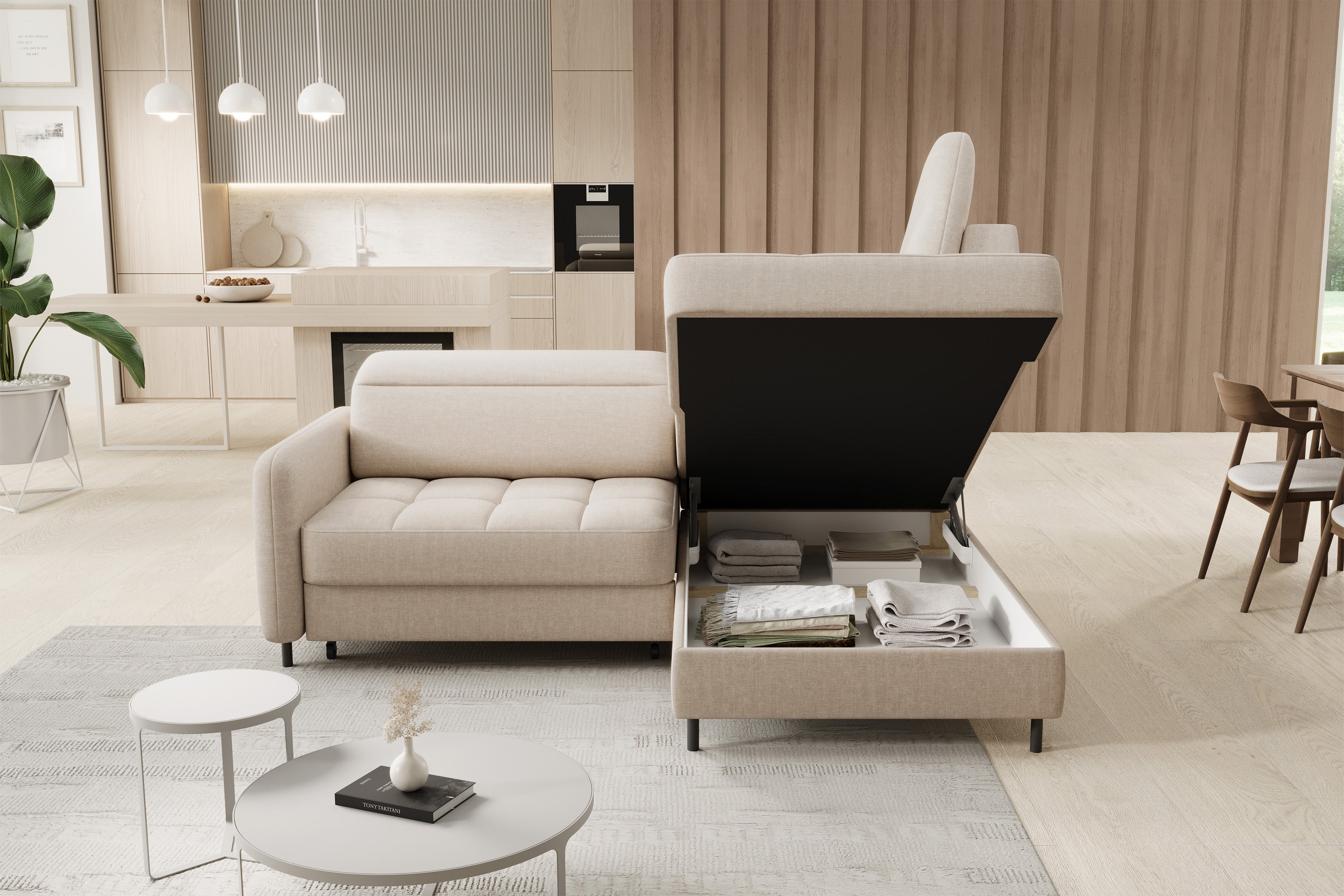 Sectionnel Barea 3 places avec rangement et lit escamotable | Beige