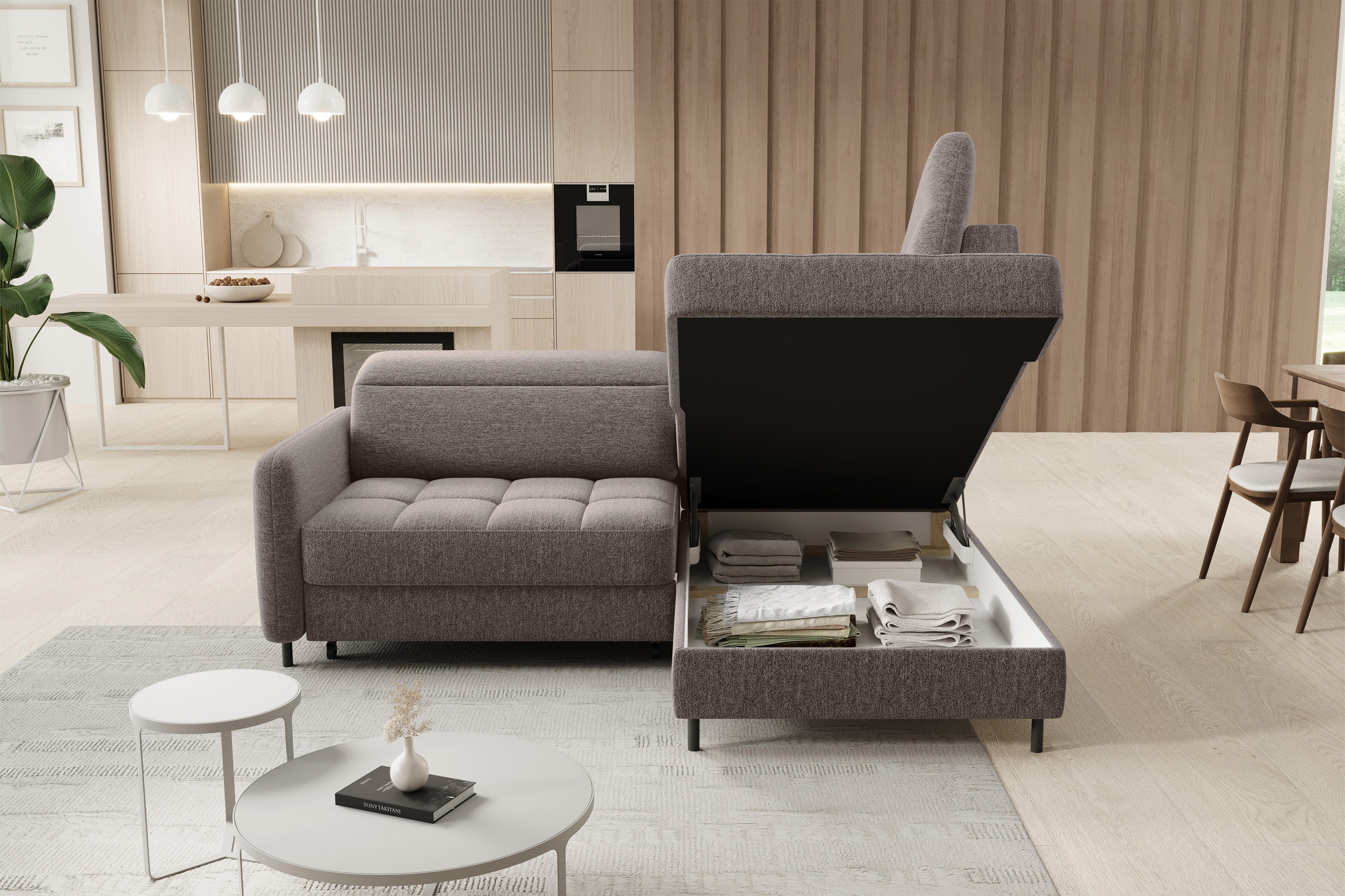 Sectionnel Barea 3 places | Rangement & lit escamotable | Brun Fudge