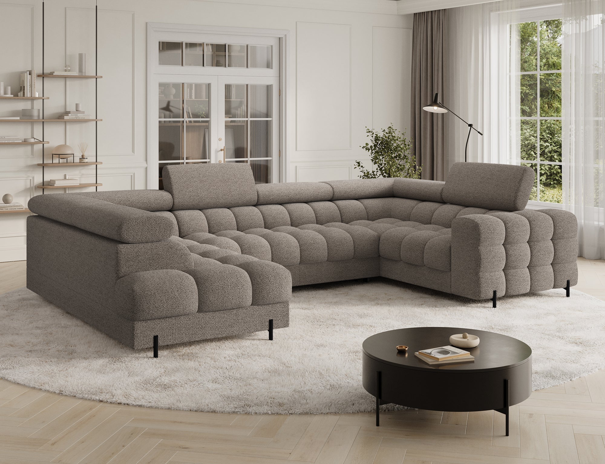 Sectionnel Fectory avec rangement et lit escamotable | 346 × 93 × 205 cm | Taupe