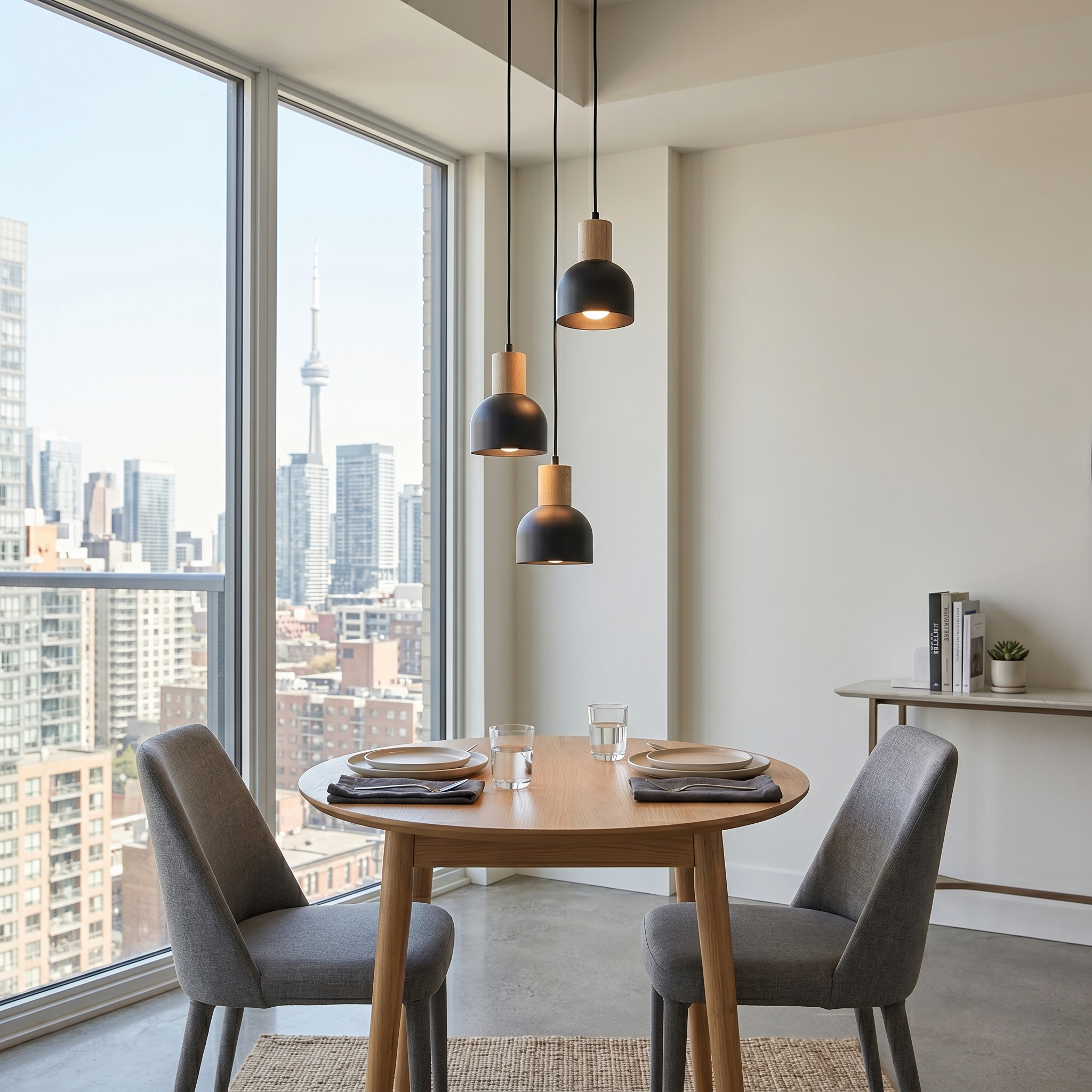 Suspension moderne CAIRO 3 à trois lumières en métal noir et bois de pin au-dessus d'une table à manger dans un intérieur contemporain.