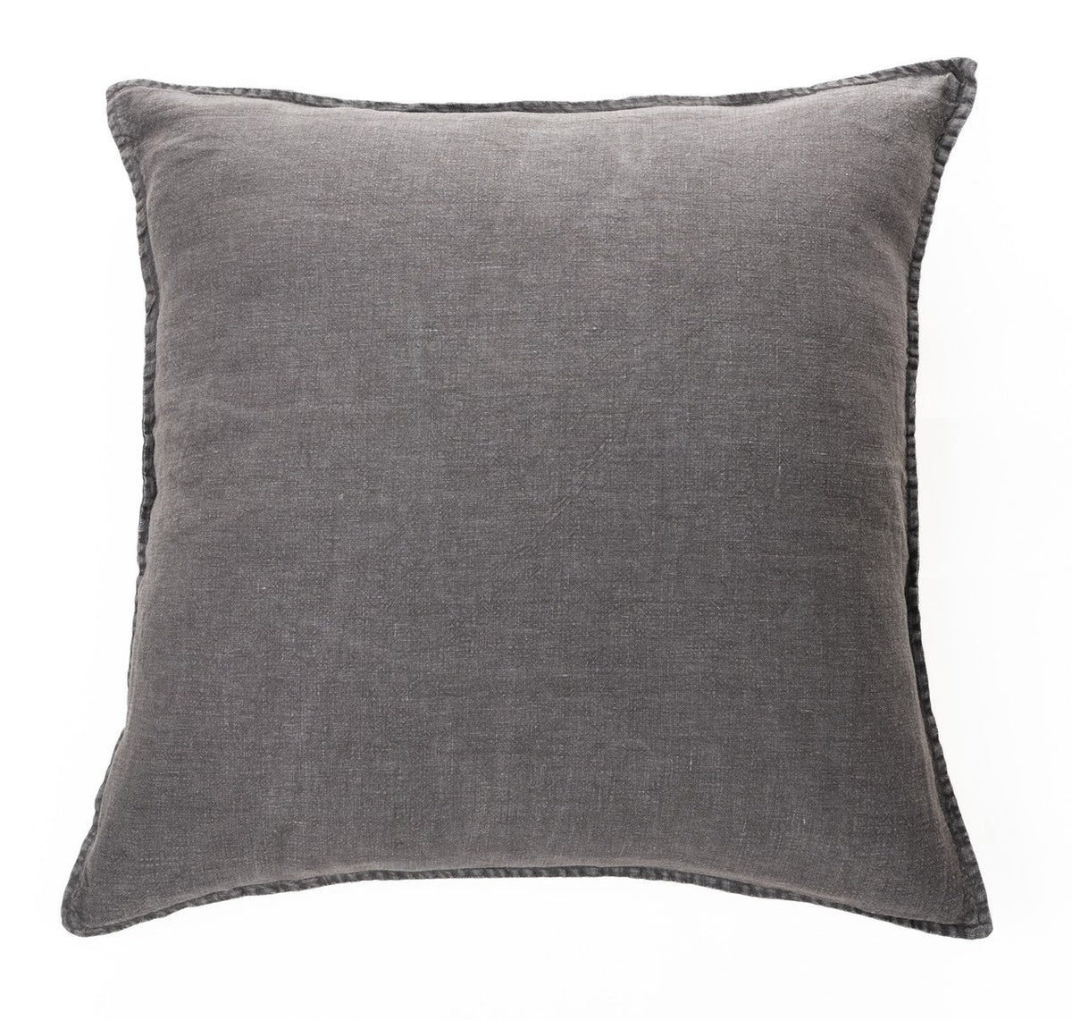 Coussin décoratif en lin gris foncé, style pierre lavée, coutures visibles, carré