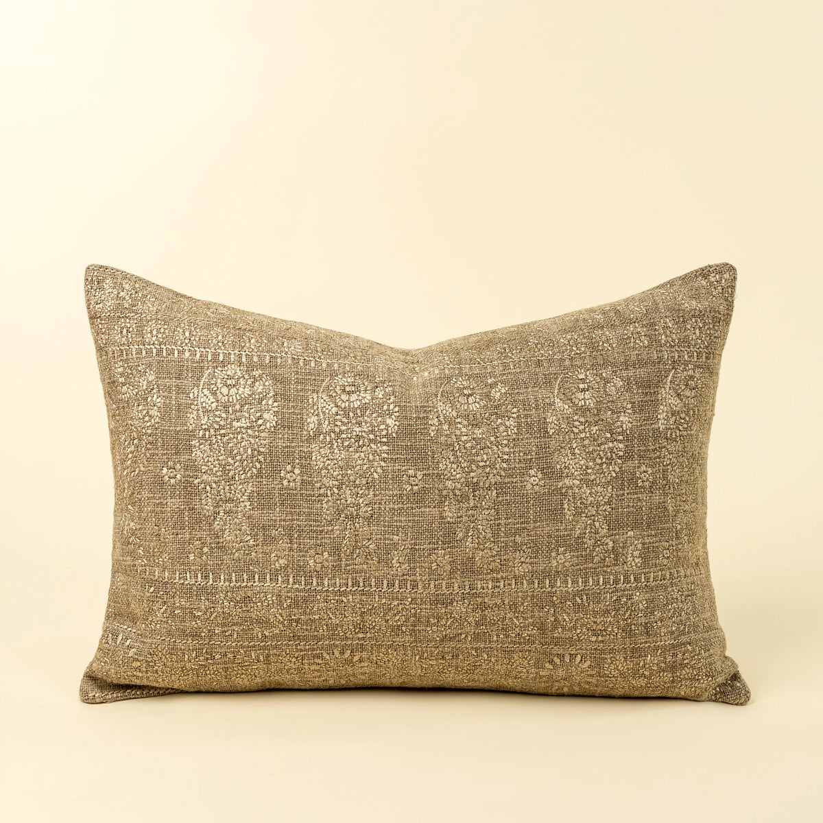Nisha Embroidered Cushion | Textured Cotton | Sage | 16 × 24 in