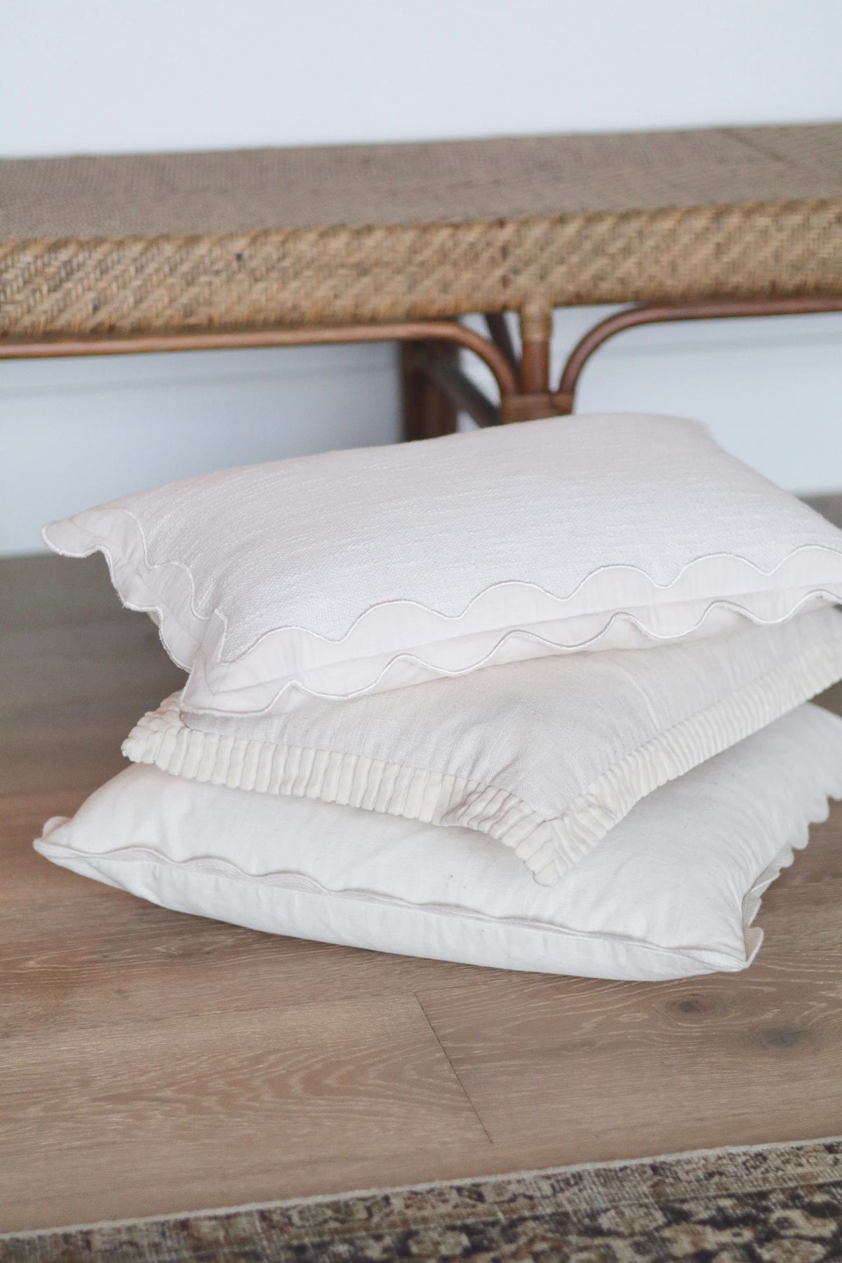 Corduroy decorative pillow | Scalloped edge | Ivory | 20 × 20 in