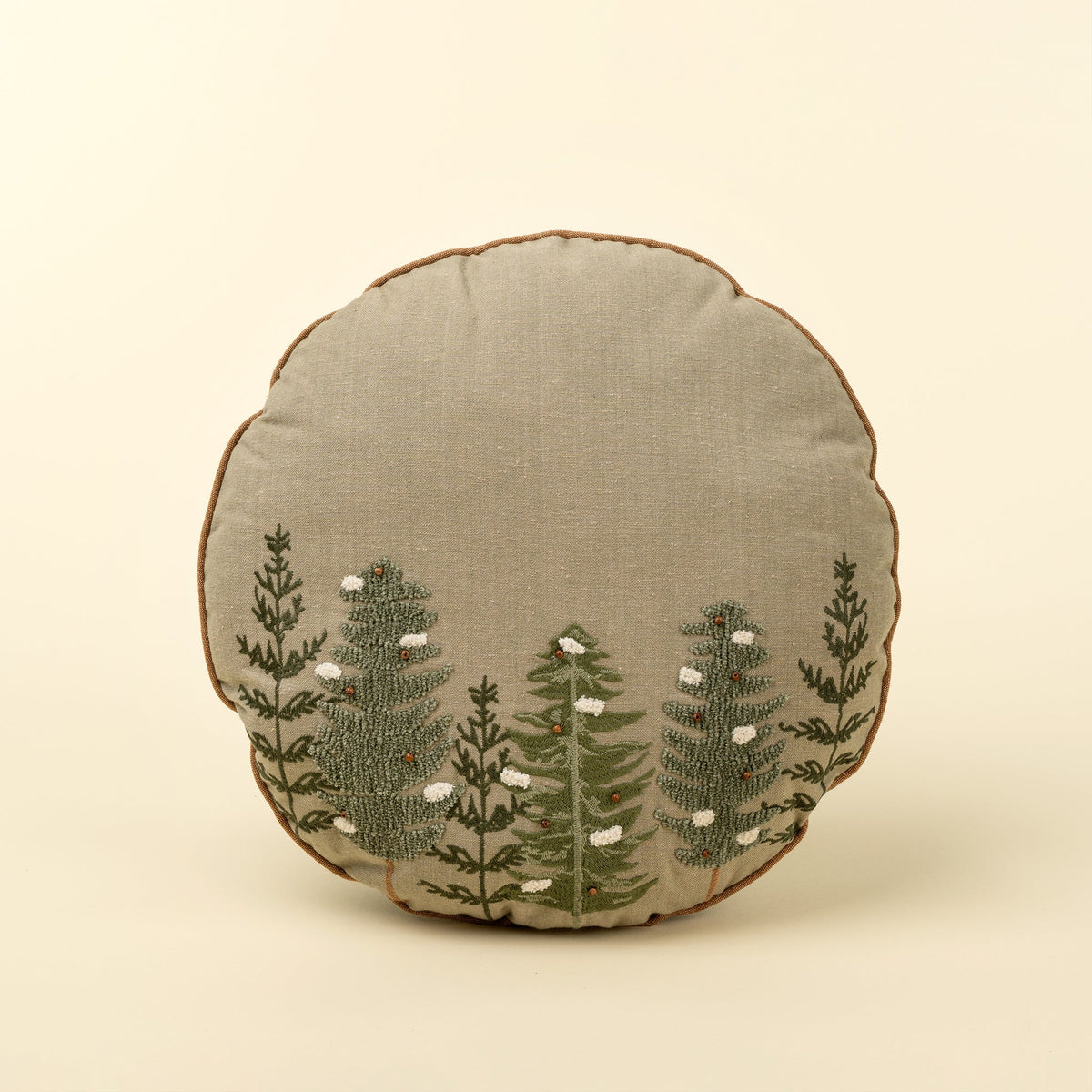 Coussin rond Alpine Trees | Broderie forestière | 16 po