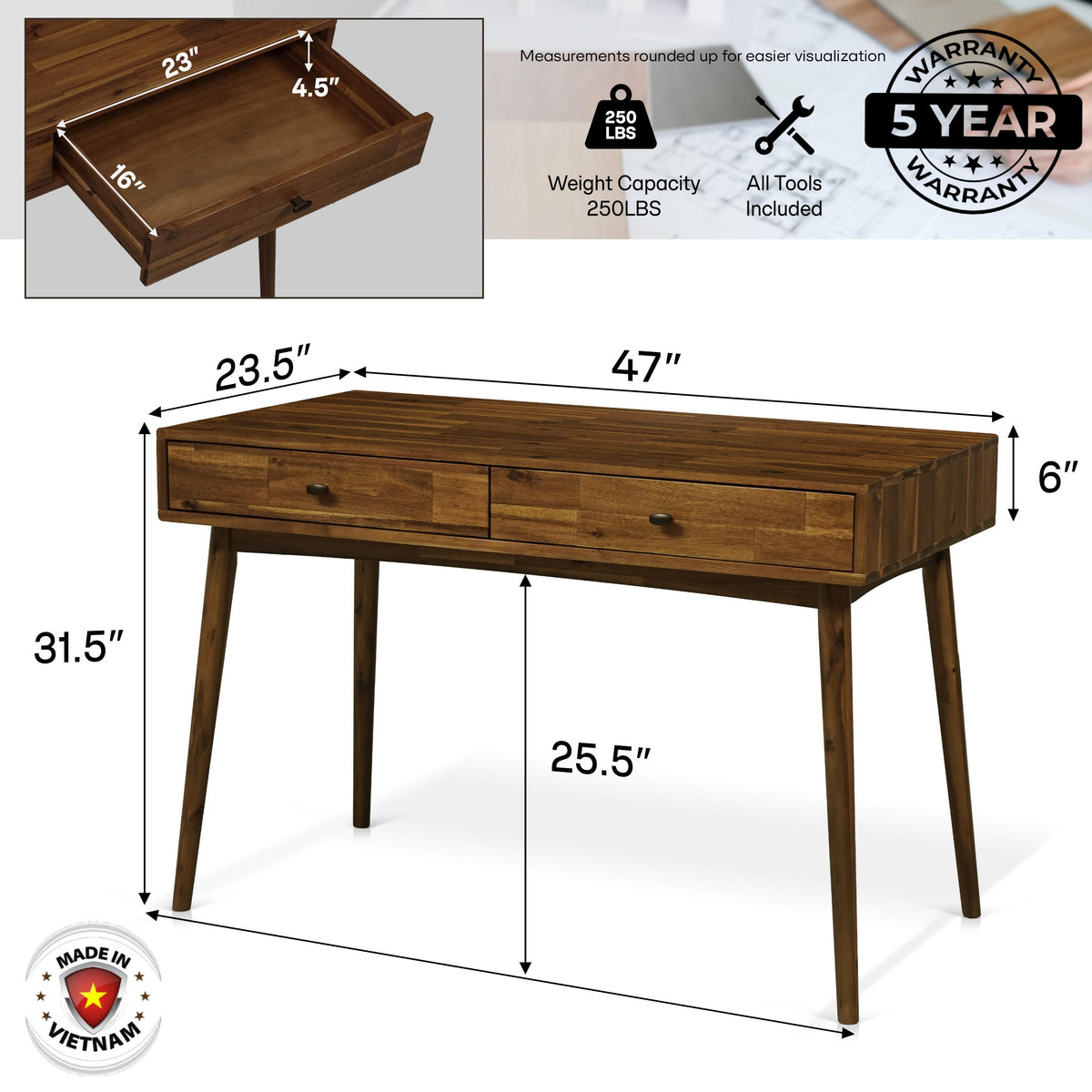 Bureau en bois brun avec deux tiroirs, pieds fins et dimensions indiquées sur le visuel.