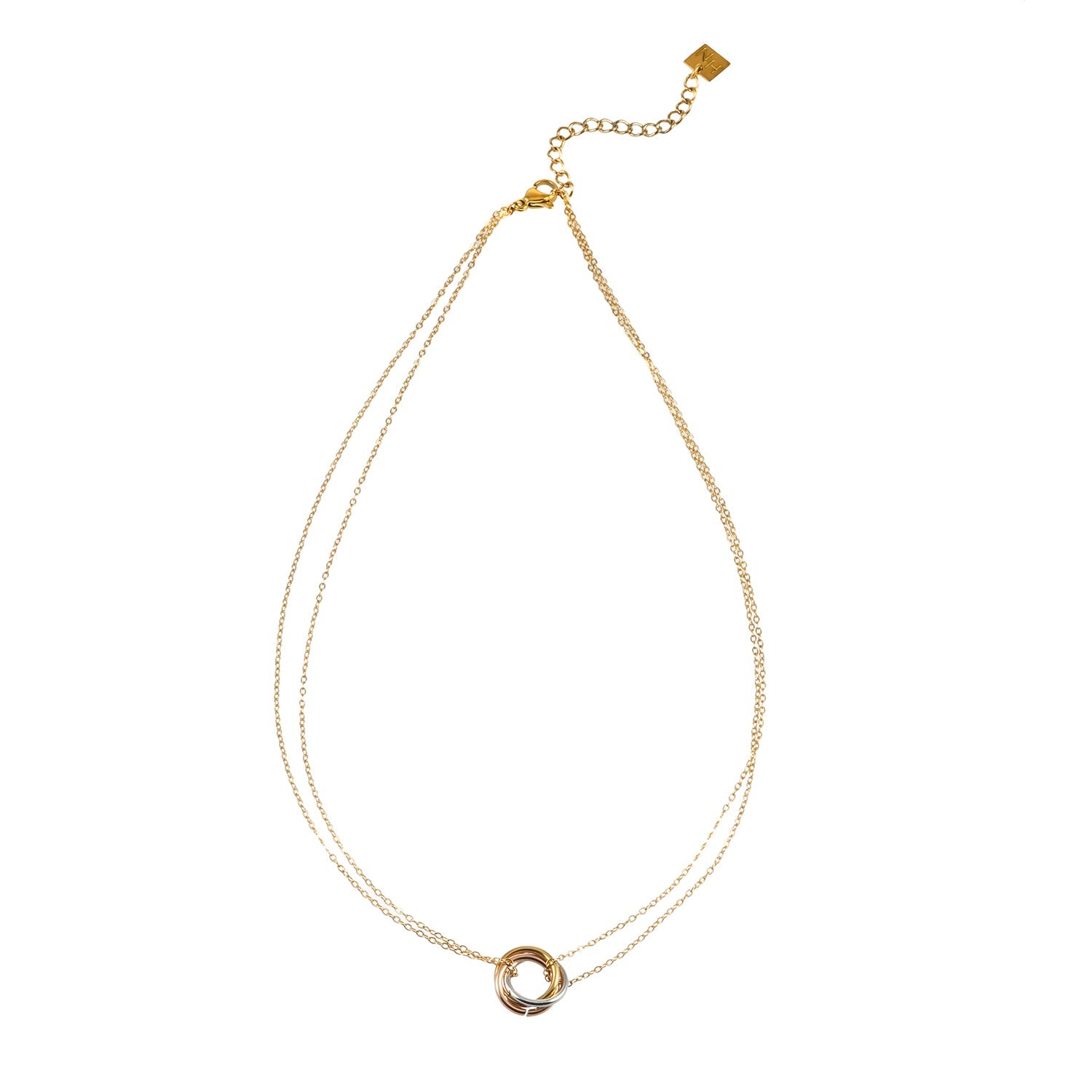 Collier délicat double chaîne Elvira | 3 anneaux entrelacés | Bijou symbolique
