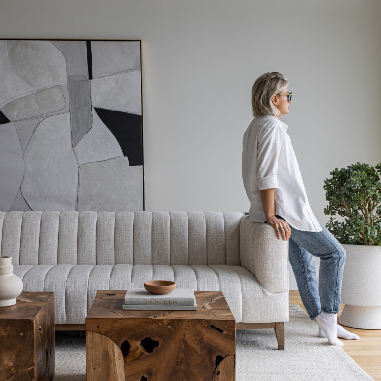 Canapé 3 places Elliot en velours | 231 × 71 × 86 cm | Crème