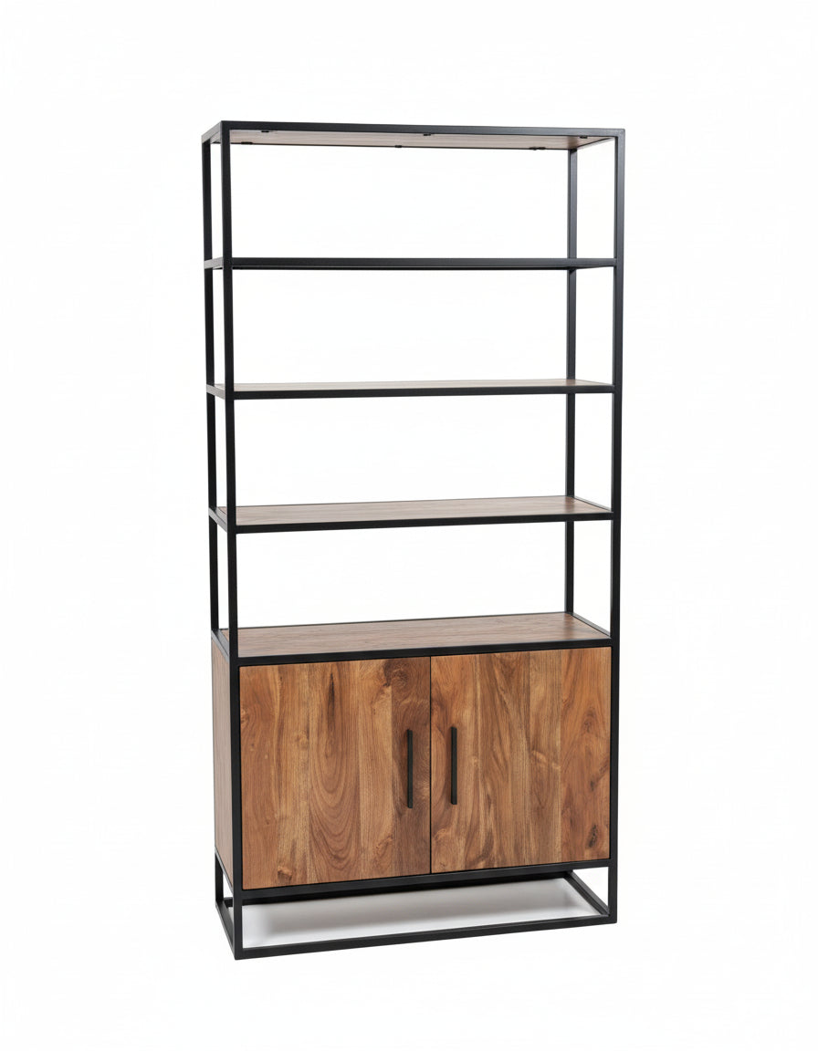 Étagère en bois d’acacia | 2 portes sur structure en acier noir