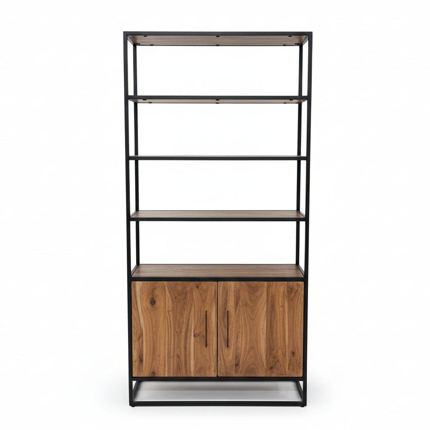 Étagère en bois d’acacia | 2 portes sur structure en acier noir