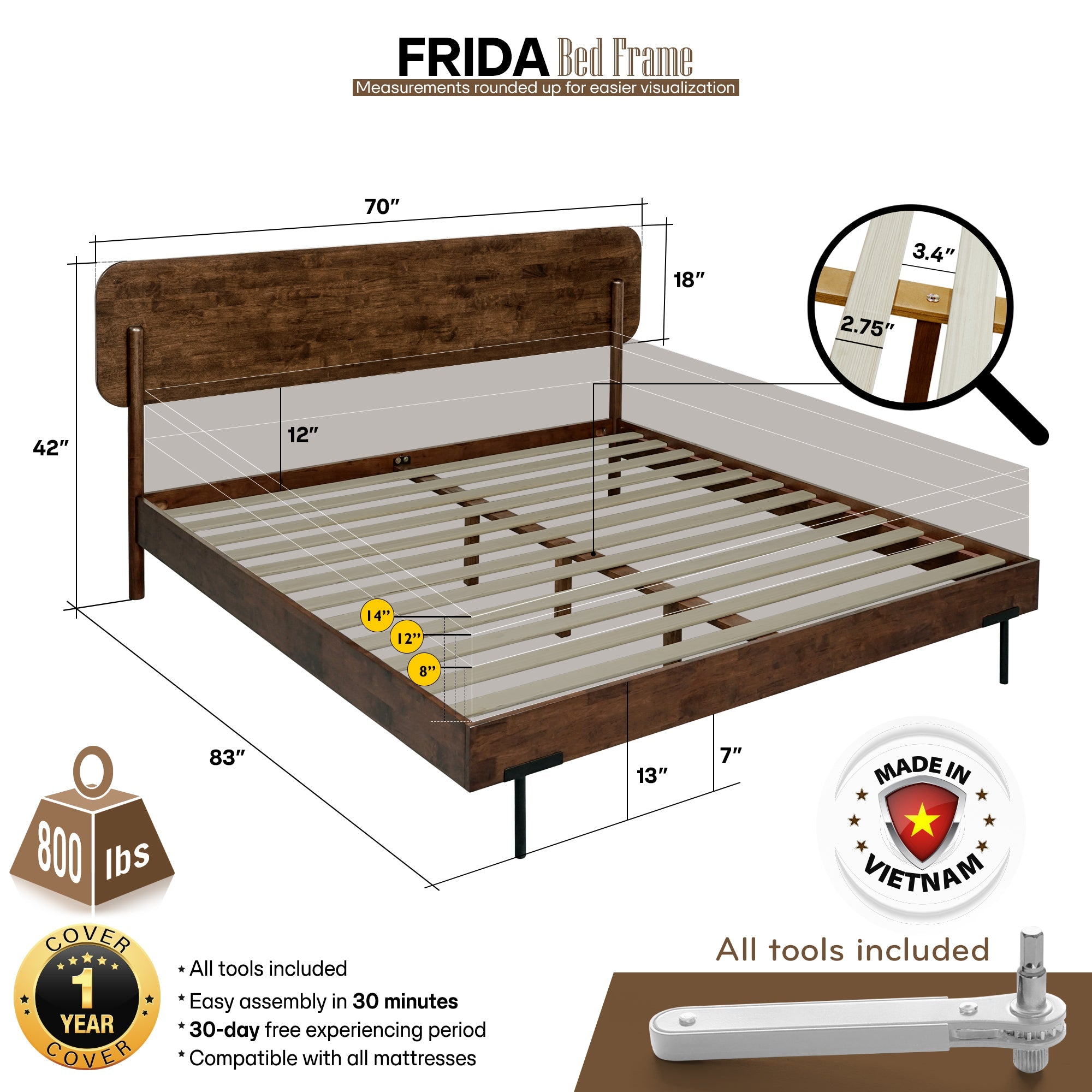 Cadre de lit Frida en bois massif | Fait à la main | Bois d’hévéa durable