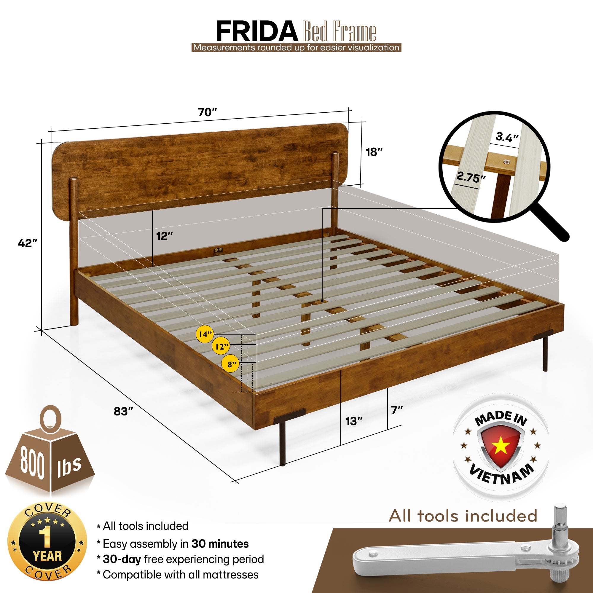 Cadre de lit Frida en bois massif | Fait à la main | Bois d’hévéa durable