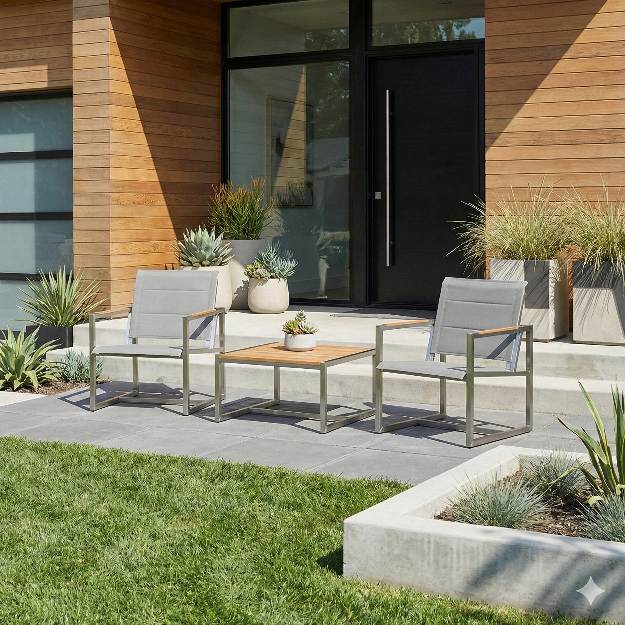 Ensemble bistro extérieur 2 chaises Pine en acier inoxydable et teck avec assise sling noire Krikacy.