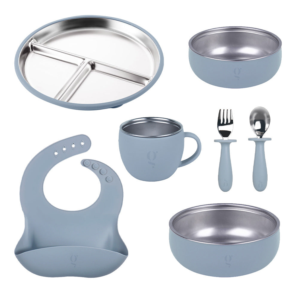 Ensemble repas 7 pièces en silicone et acier inoxydable pour enfant