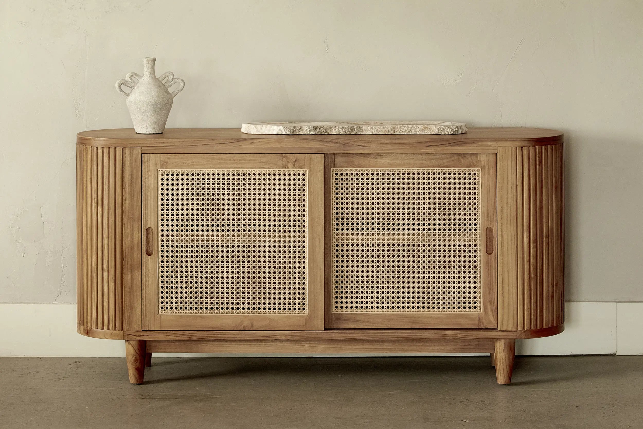 Console Alexia en Teck Massif & Rotin | 2 portes coulissante