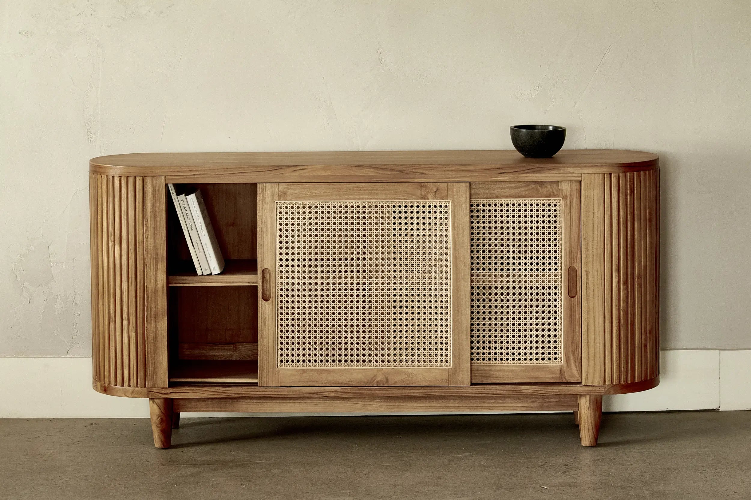 Console Alexia en Teck Massif & Rotin | 2 portes coulissante