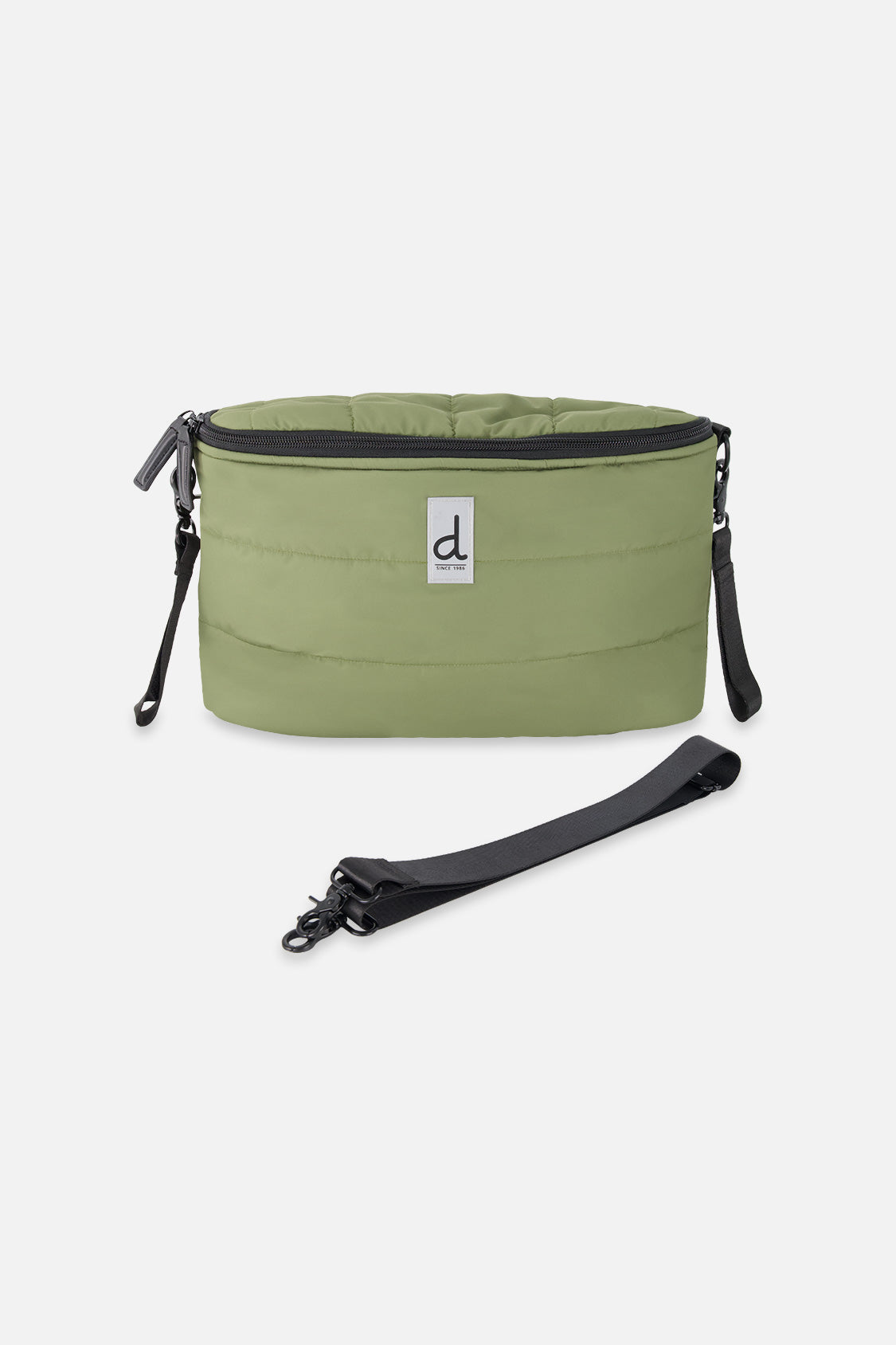 Mini sac à couches vert olive imperméable avec bandoulière et attaches pour poussette de la marque Deux par Deux.
