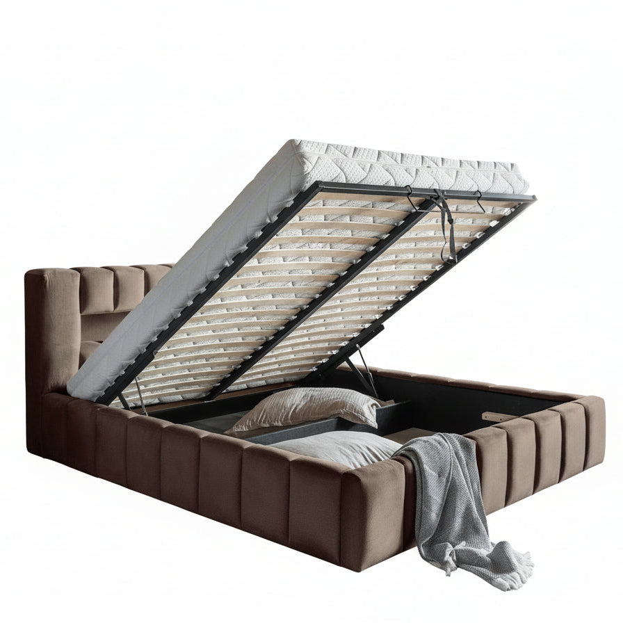 Lit coffre Lamica | Tissu velours beige | Queen et King