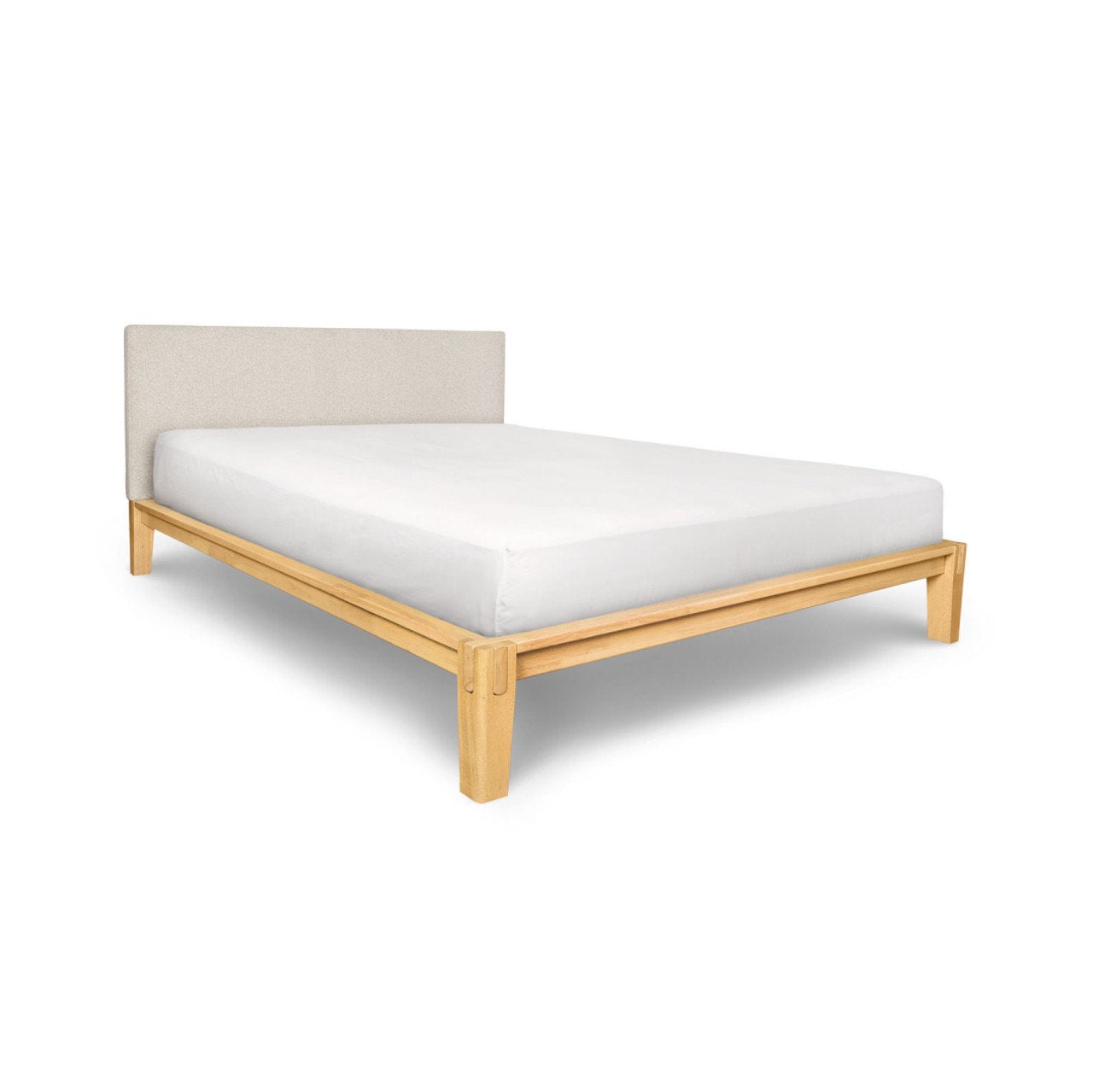 Lit double Luna chêne massif avec tête de lit rembourrée | 152 × 97 × 216 cm | Beige