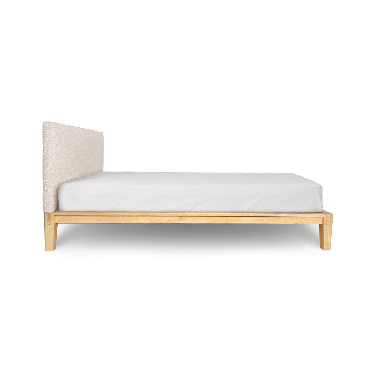Lit double Luna chêne massif avec tête de lit rembourrée | 152 × 97 × 216 cm | Beige