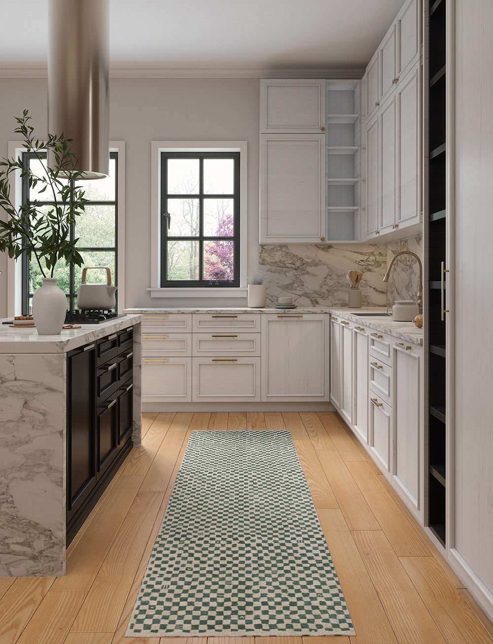 Tapis Metro Vert Ardoise & Blanc | Motif Marocain à Carreaux