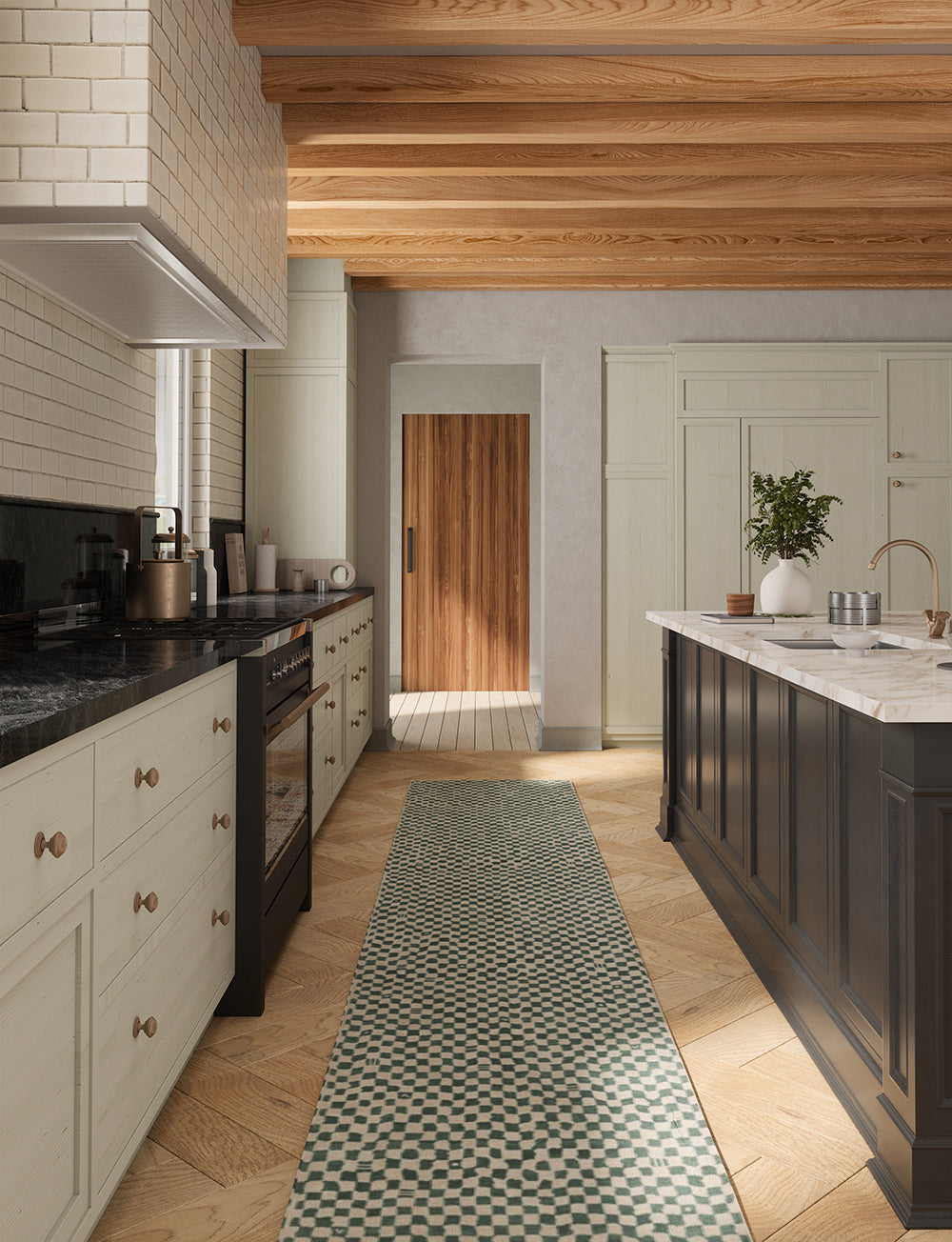 Tapis Metro Vert Ardoise & Blanc | Motif Marocain à Carreaux