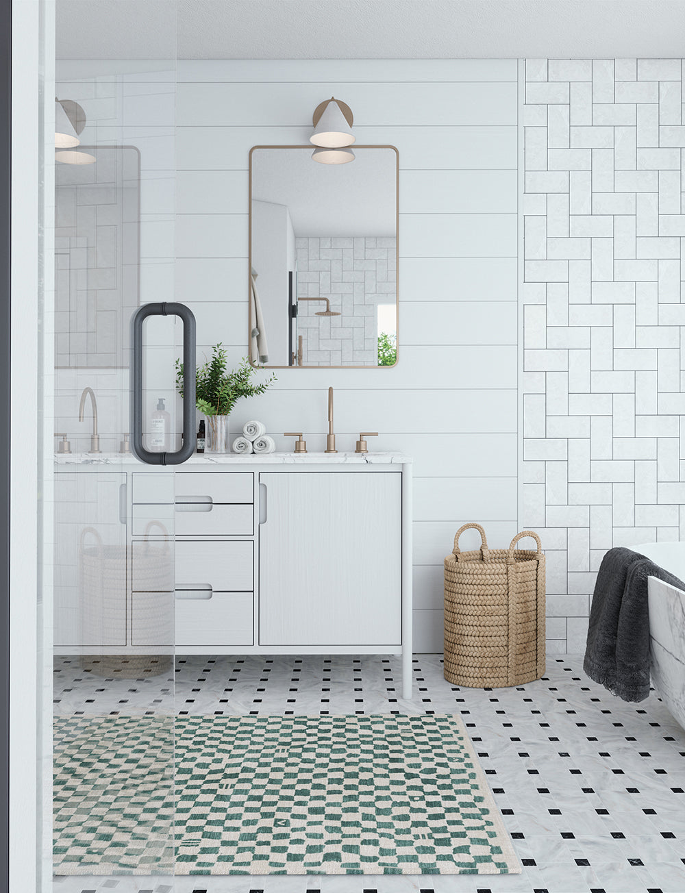 Tapis Metro Vert Ardoise & Blanc | Motif Marocain à Carreaux