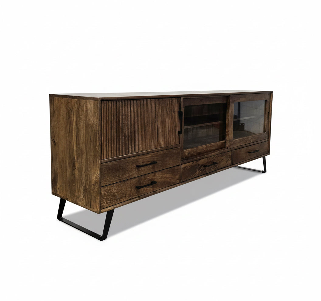 Meuble Télé Arezzo en bois de manguier | Portes coulissantes vitrées