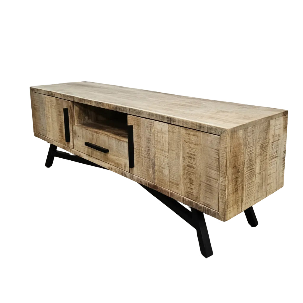 Console média en bois de manguier brut | Piètement en acier noir