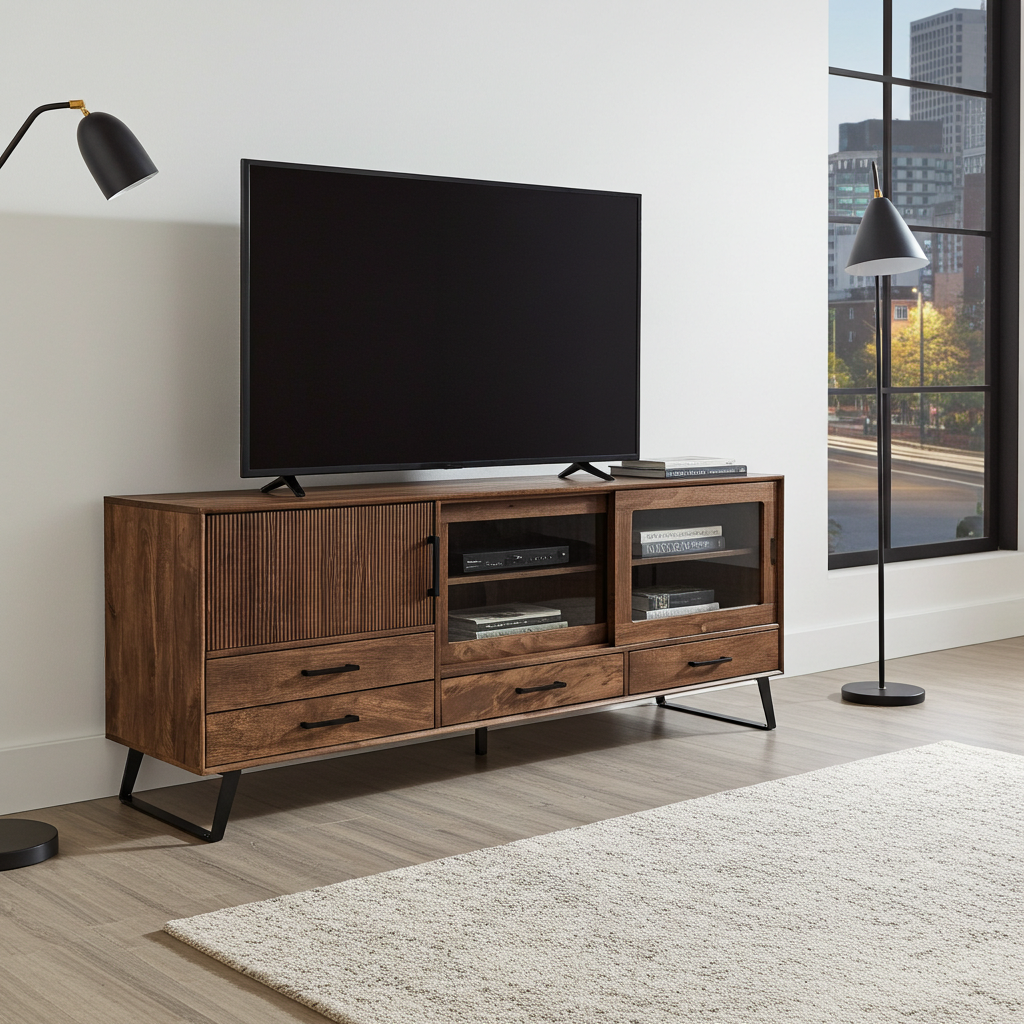 Meuble Télé Arezzo en bois de manguier | Portes coulissantes vitrées