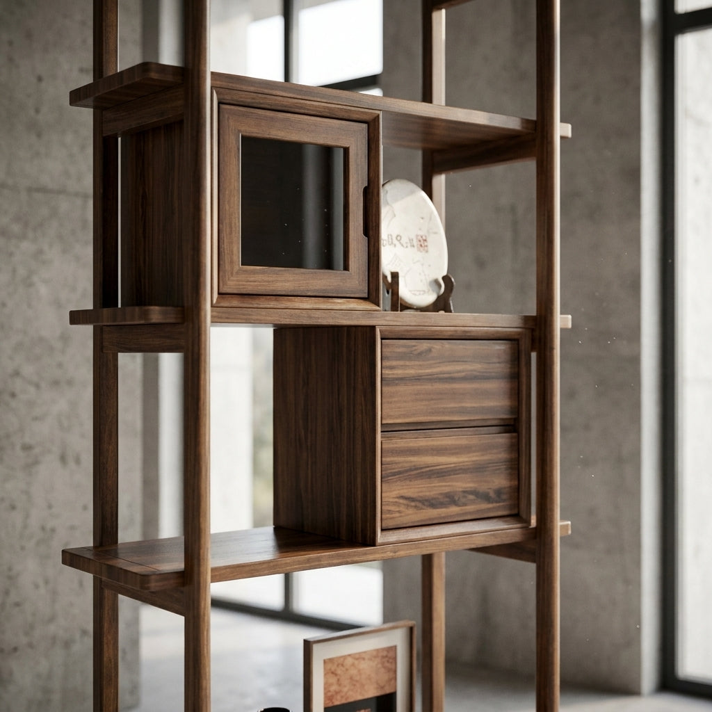 Thessaloniki Black Walnut Bookshelf | Elegant Glass Doors | Handcrafted