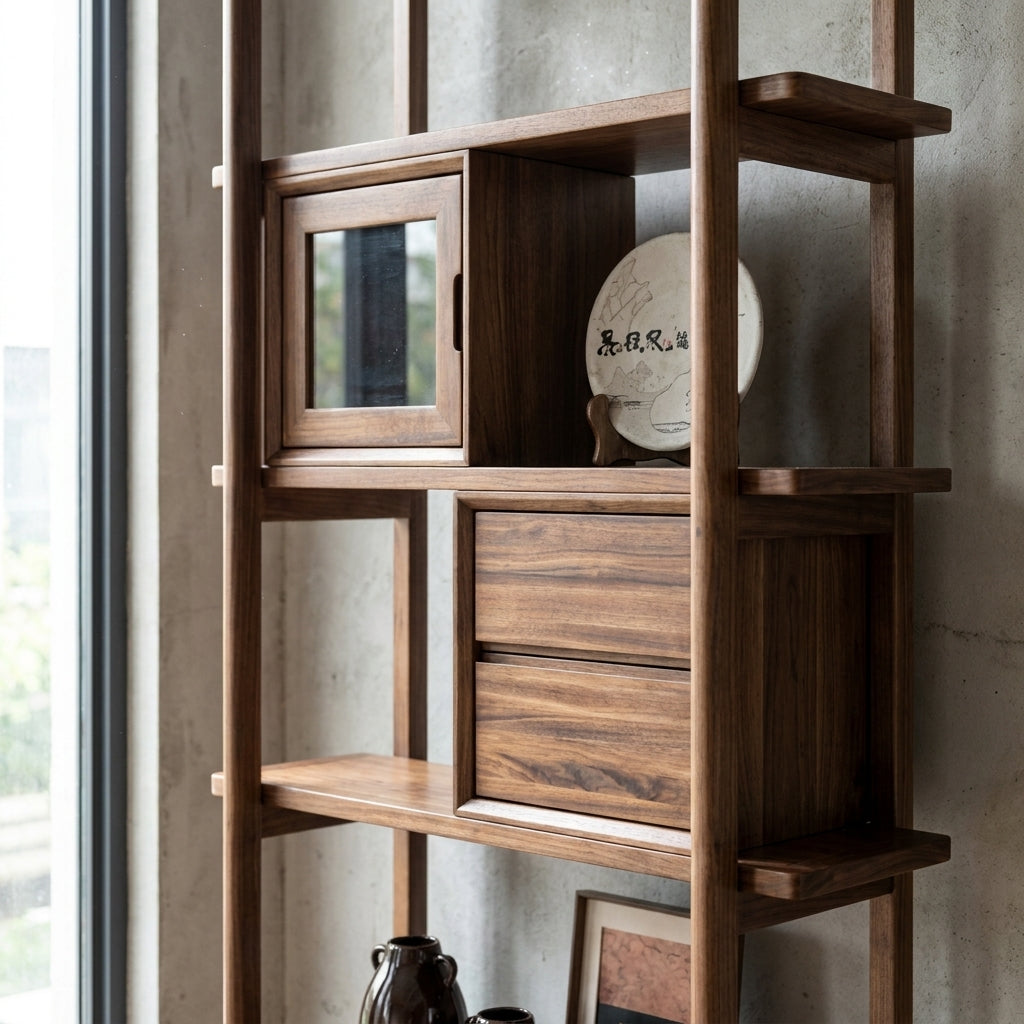 Thessaloniki Black Walnut Bookshelf | Elegant Glass Doors | Handcrafted