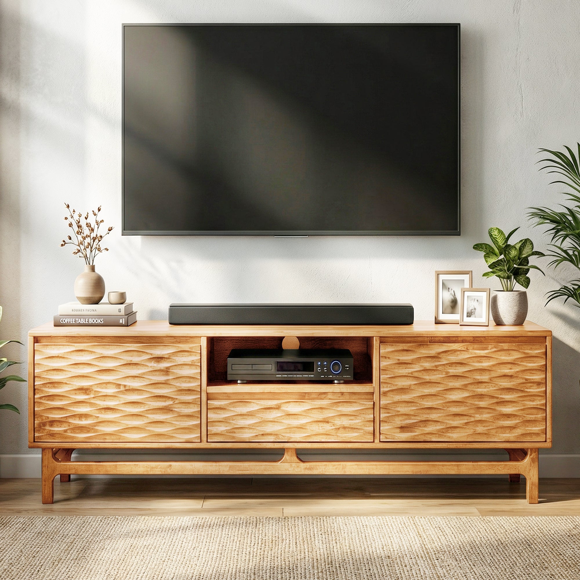 Meuble TV en bois clair avec portes ondulées, compartiment central et pieds en bois