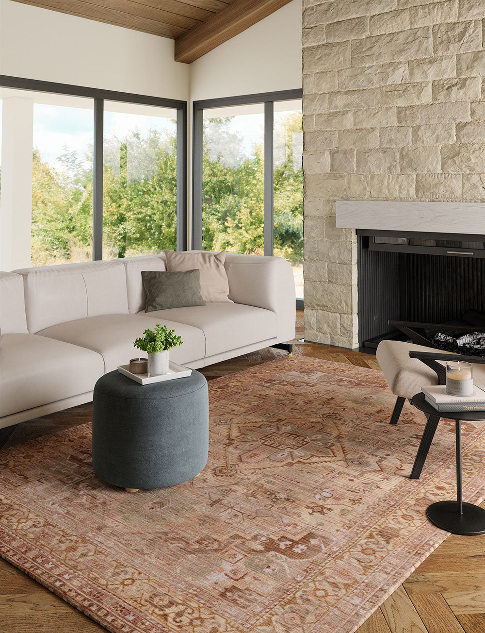 Tapis Ozana Naturel | Motif Persan Beige, Jaune & Vert Menthe