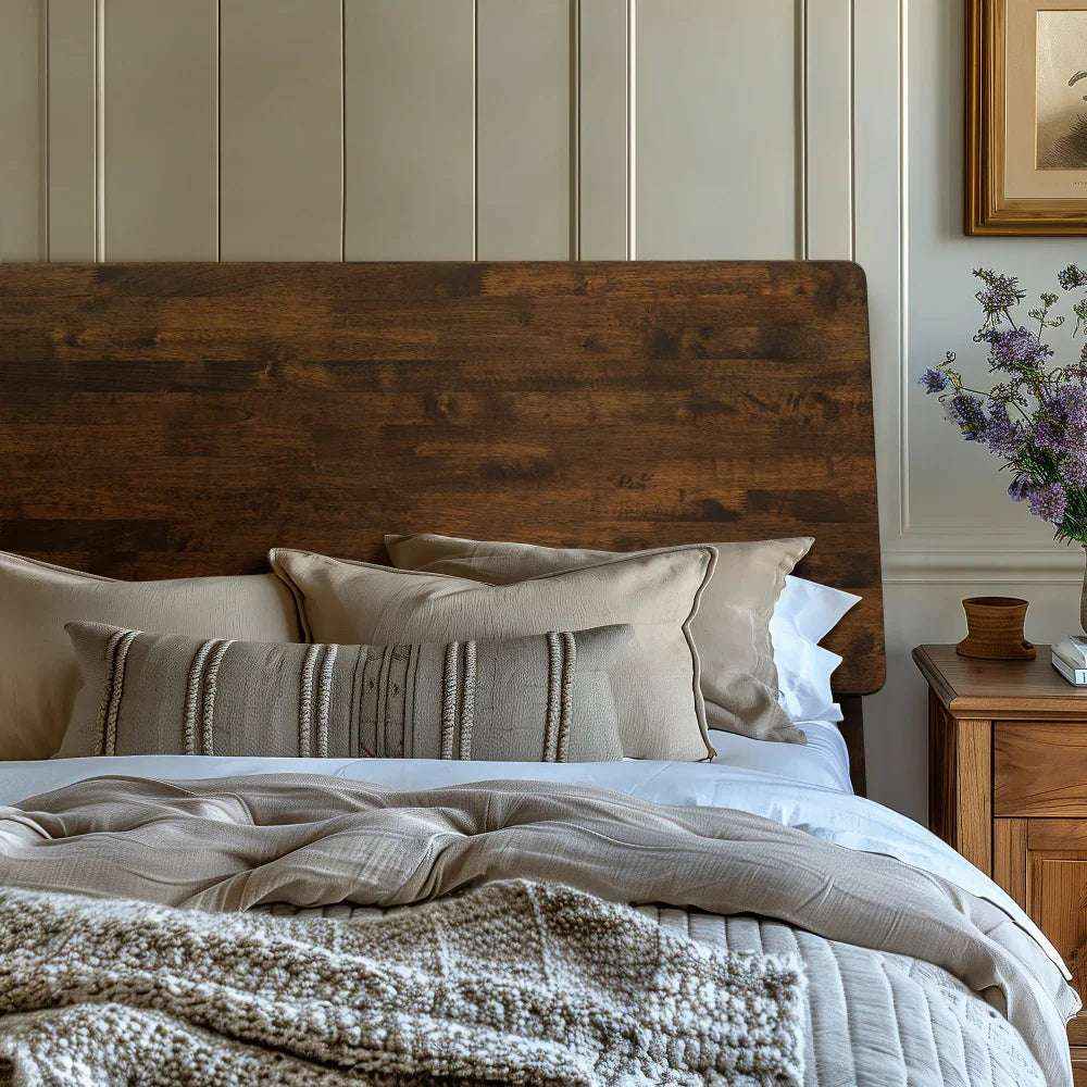 Panneau de tête en bois foncé du lit plateforme, avec coussins et drap blanc