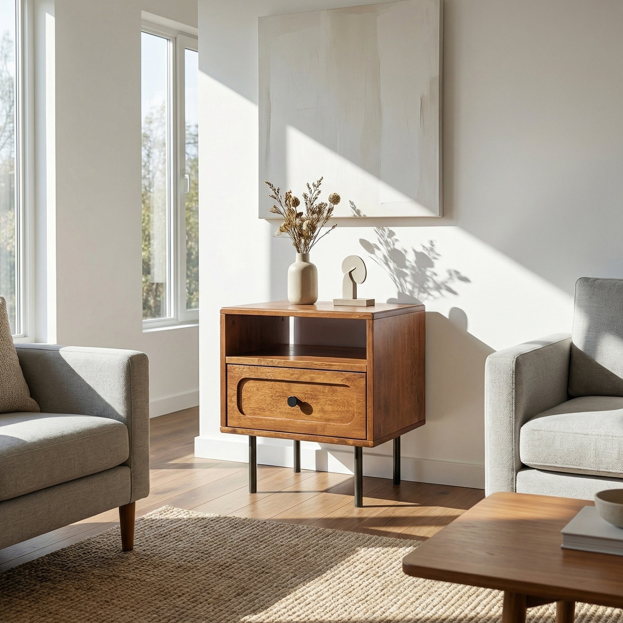 Table de chevet Savana en bois massif | 1 tiroir | Style mid-century moderne