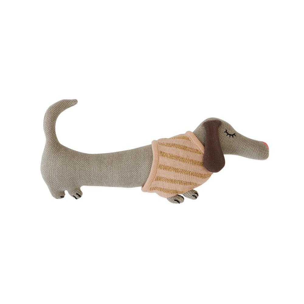 Peluche Baby Daisy Dog en coton tricoté gris et rose par OYOY MINI
