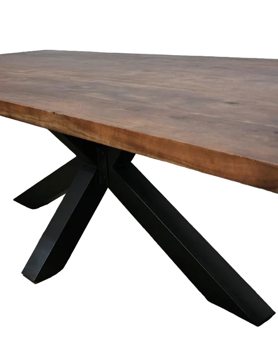 Table à dîner patte Spider Noir Mat | Plateau en bois d’acacia massif |  Brun