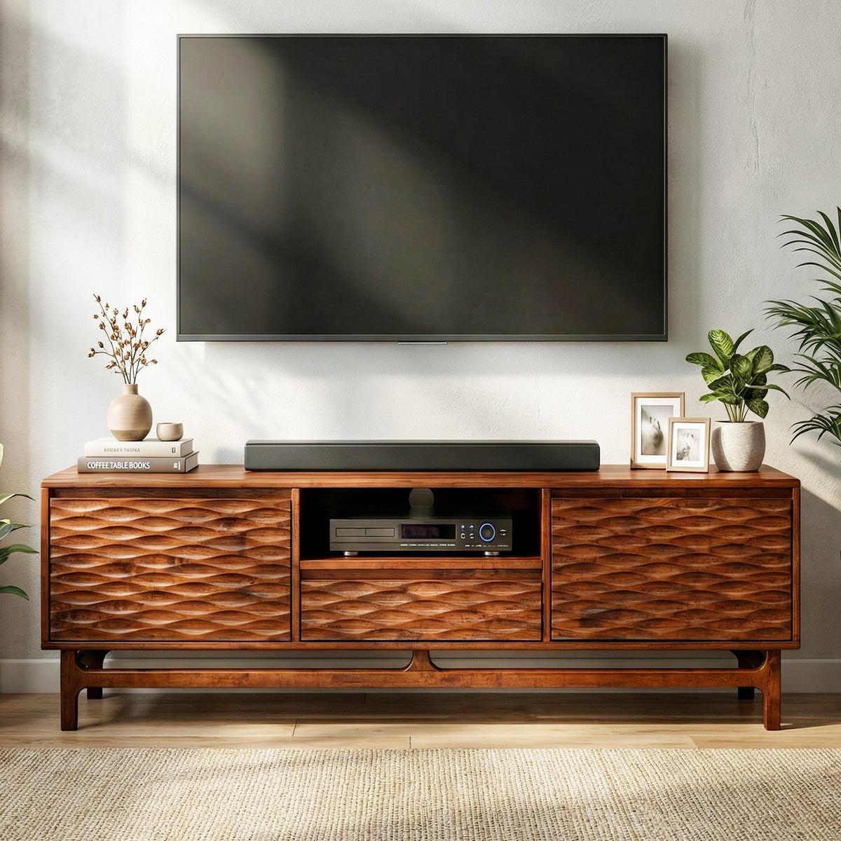 Meuble TV en bois ambré avec console centrale, façade à motifs ondulés et portes.