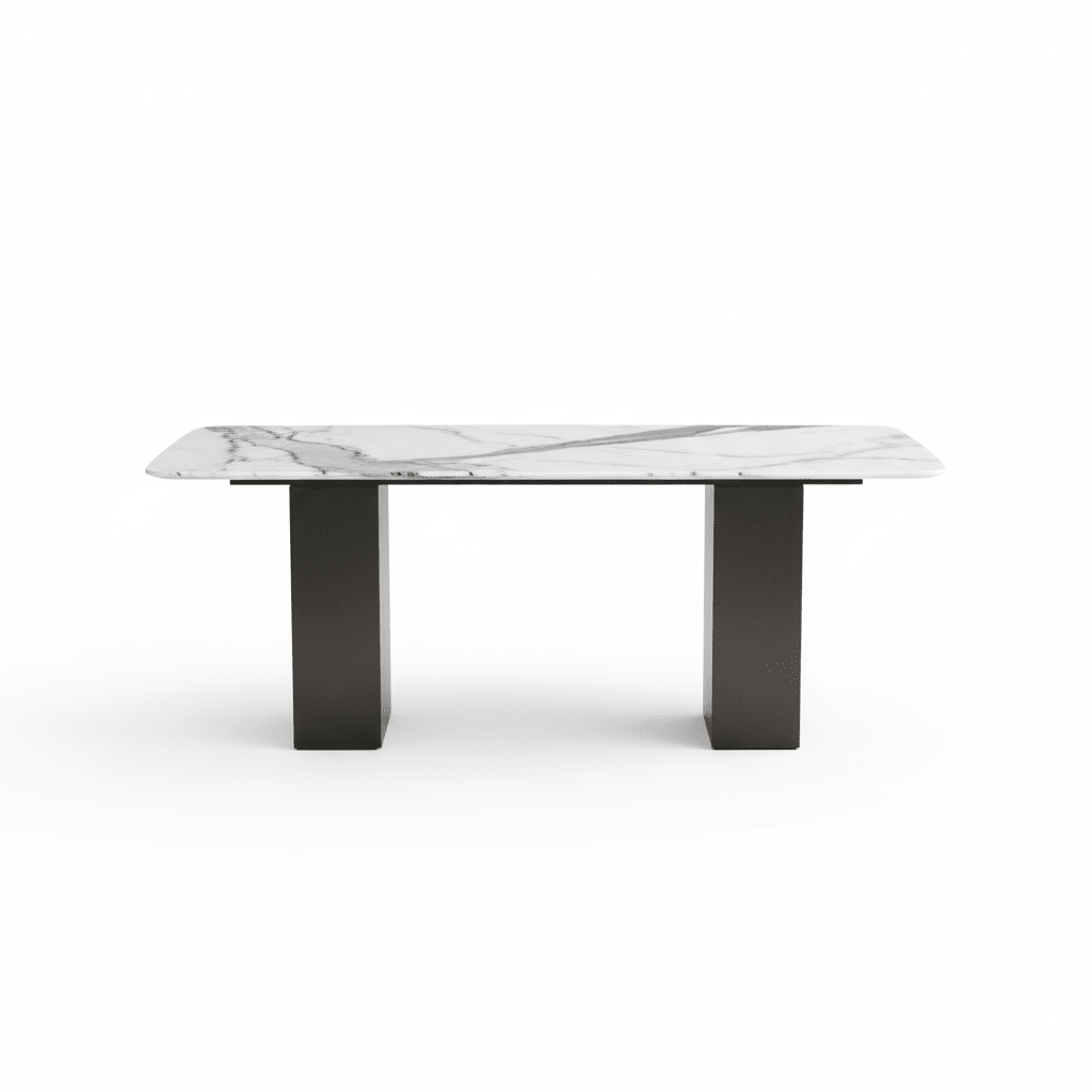 Ensemble de salle à manger Arcadia avec table en pierre effet marbre et chaises en cuir végan sur fond blanc