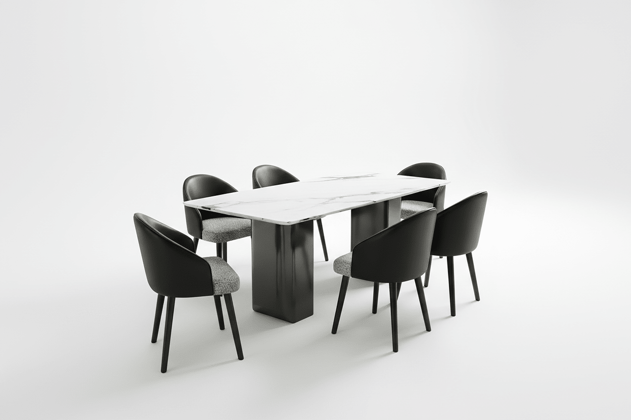 Ensemble de salle à manger Arcadia avec table en pierre effet marbre et chaises en cuir végan sur fond blanc